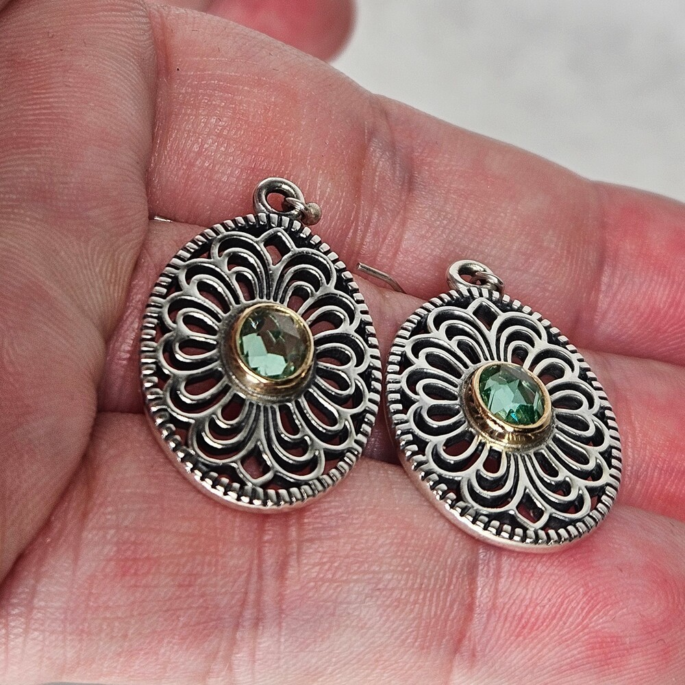 925 Sterling Silver Pandora Allure Green Spinel Filigree Hook On Earrings