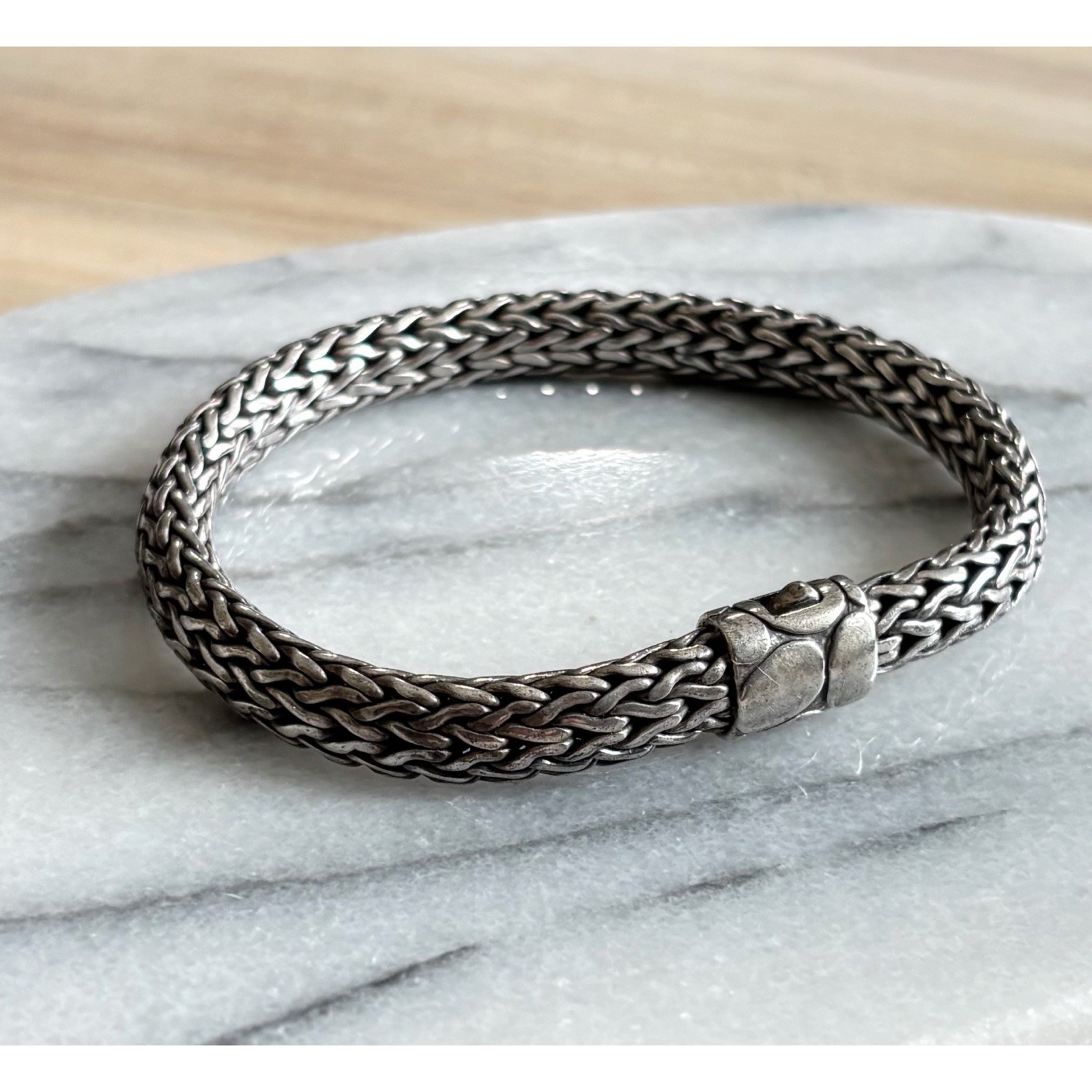 John Hardy Kali Pebble Sterling Silver Weave Chain Push Lock Bracelet 7.75”