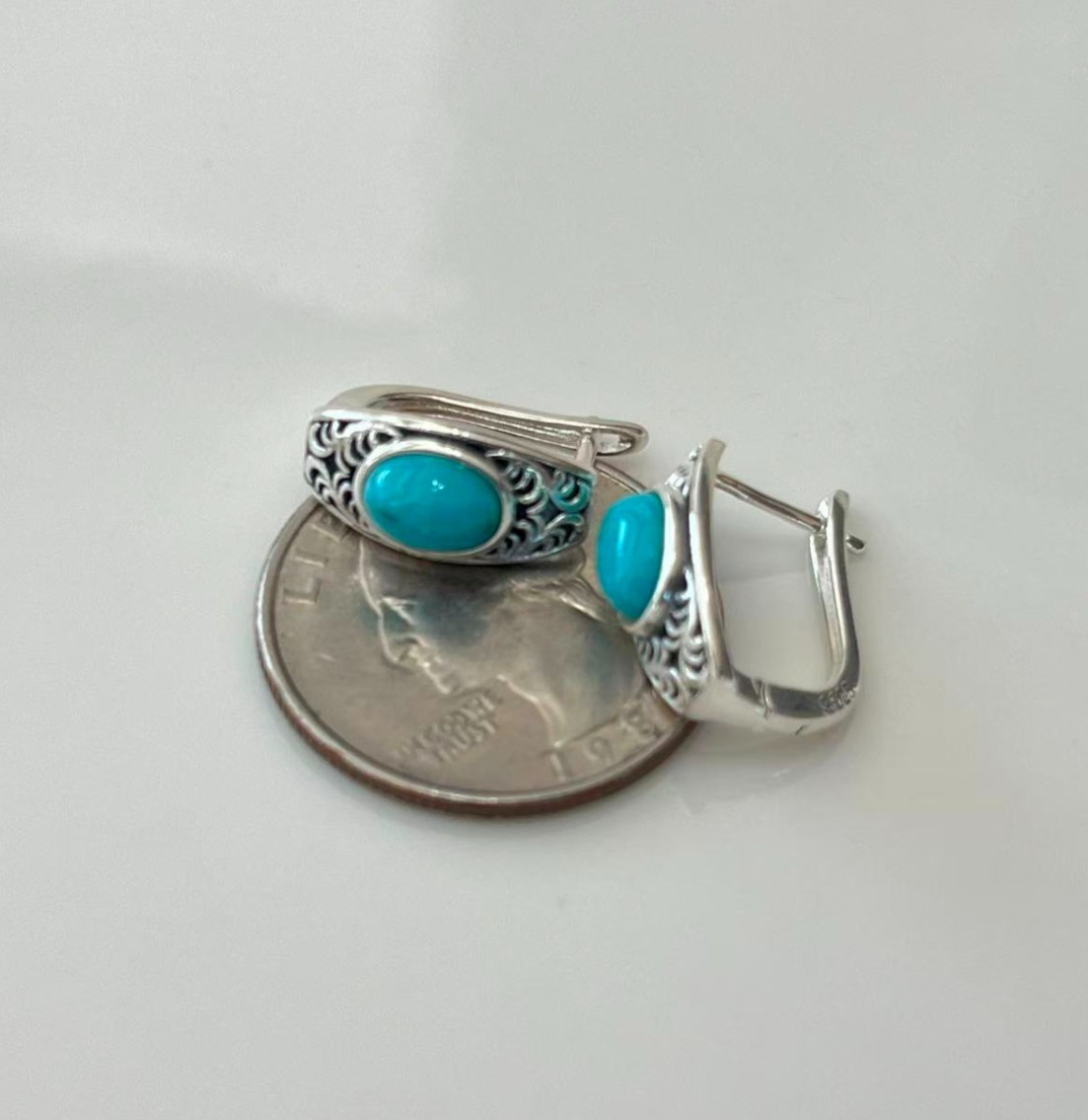 Native Oval 5x7mm Turquoise English Lock Stud 3/4”Earrings 925 Solid Silver