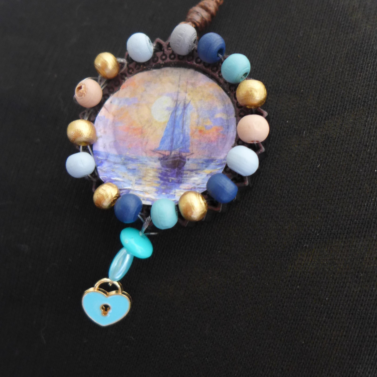 Handmade Necklace With Hand Painted Wood charm Natural Artistic Eco Beauty beads