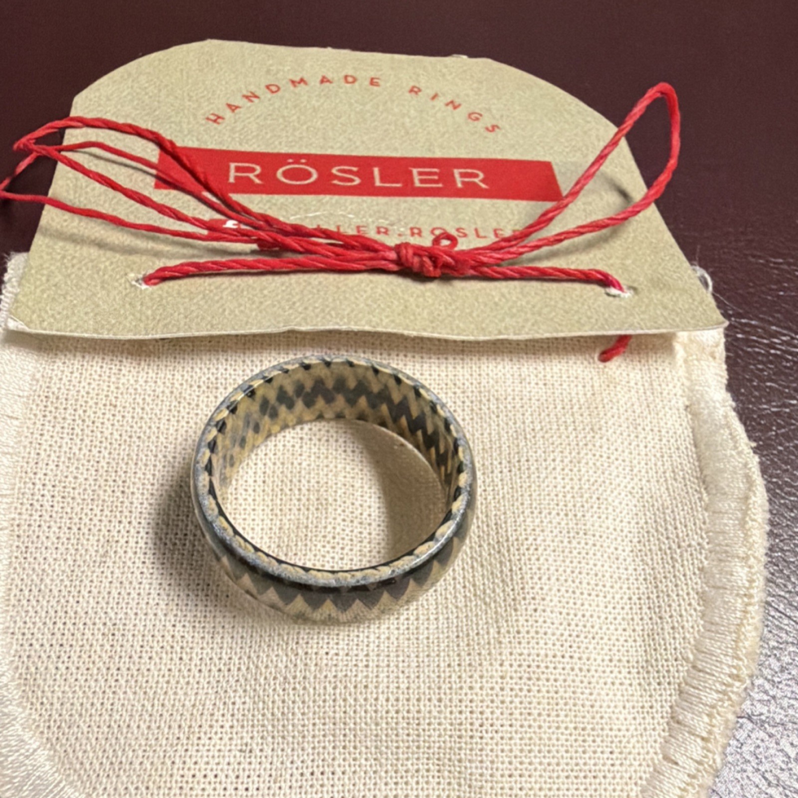 Rösler Handmade Band Ring Zigzag Pattern Beige Black