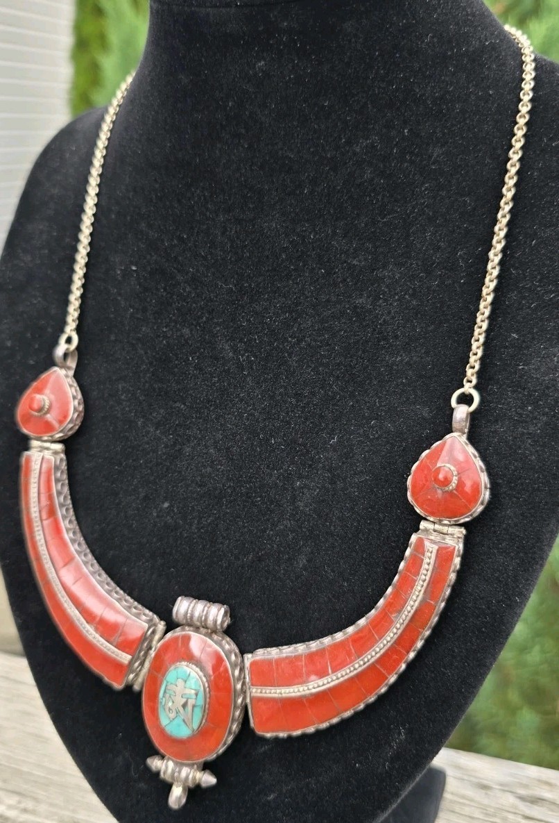AUTHENTIC TIBETAN SILVER GARUDA COLLAR NECKLACE TURQUOISE CORAL BIB 107G 21.8 IN