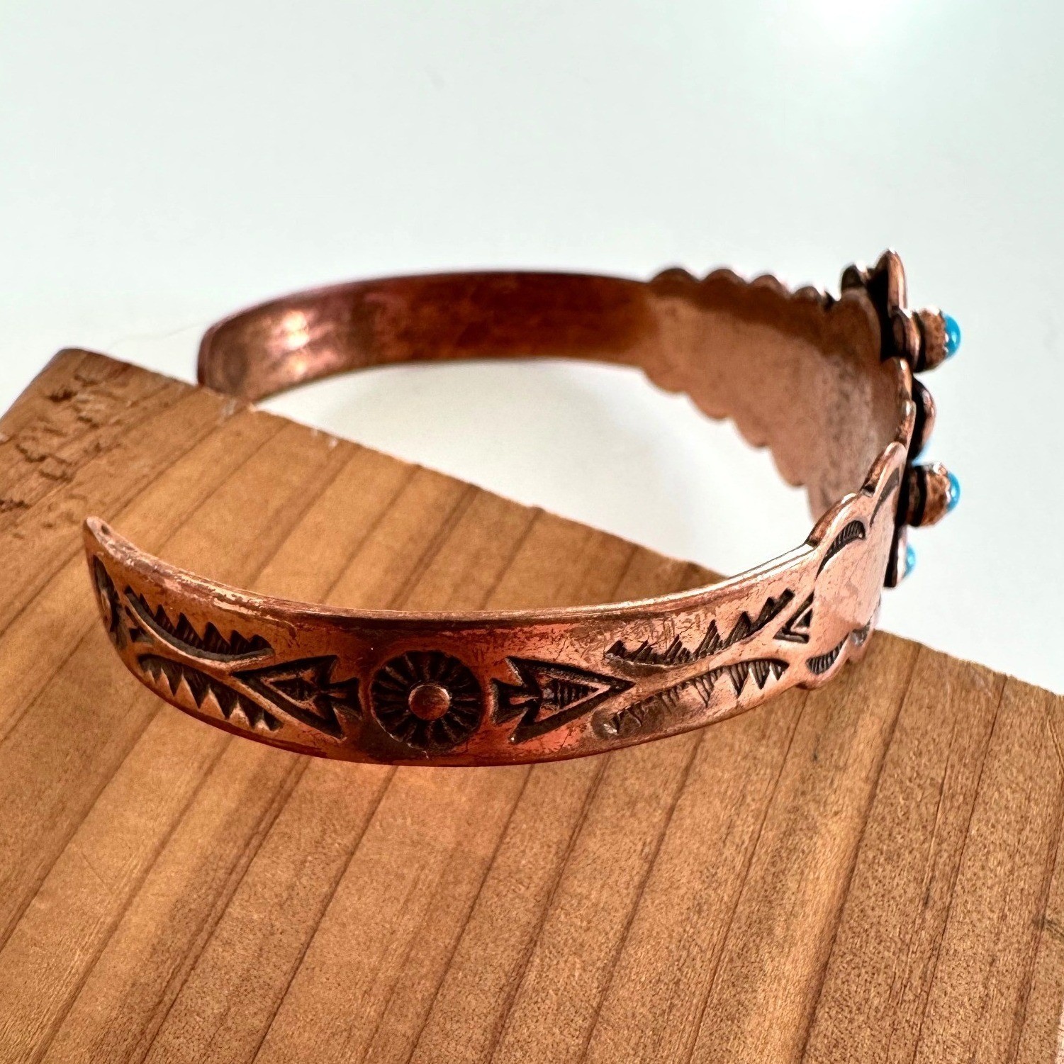 Vintage Solid Copper Faux Turquoise Cuff Bracelet Southwestern Stamped Design