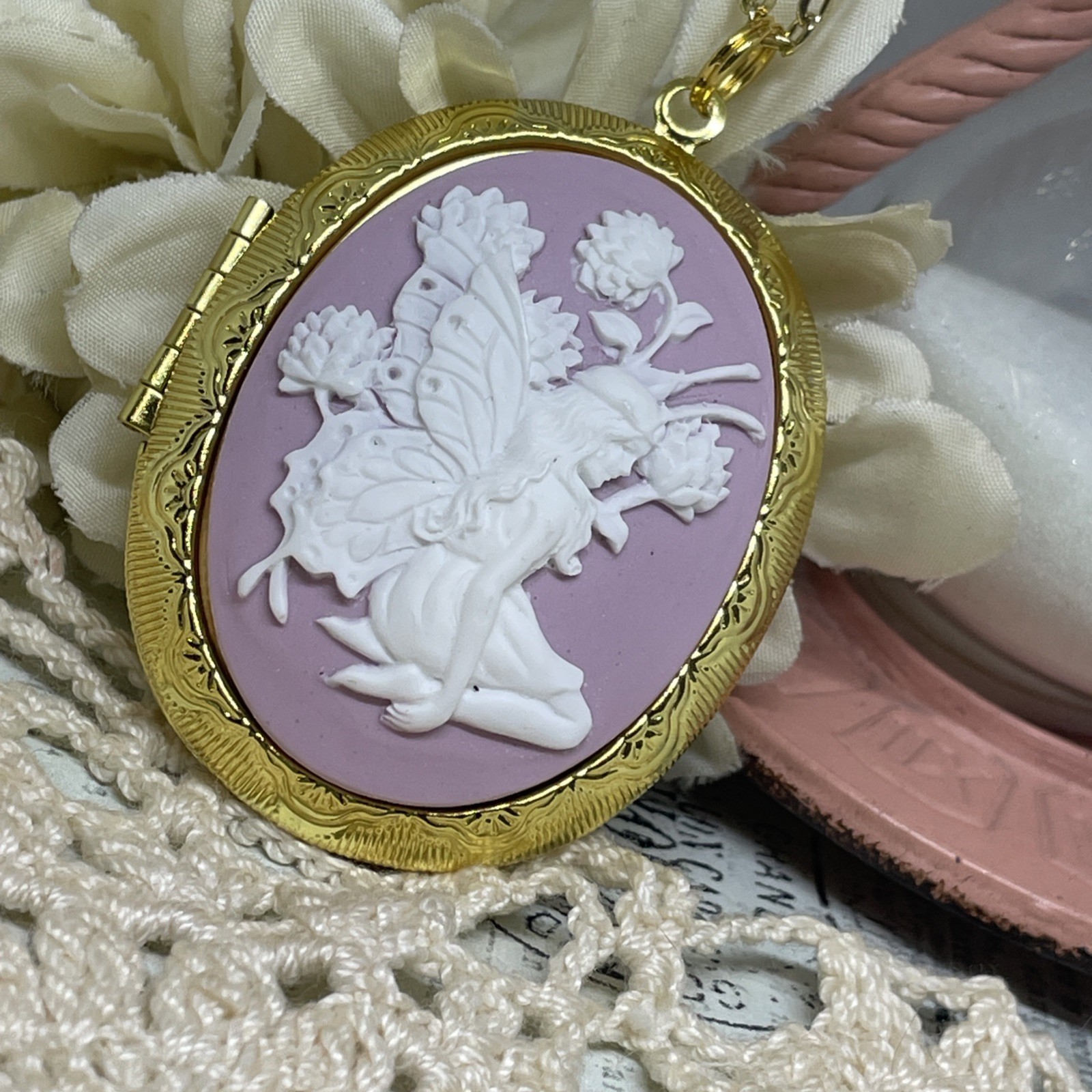 Birthday Gold Fairy Flower Butterfly Cameo Locket Necklace anniversary birthday