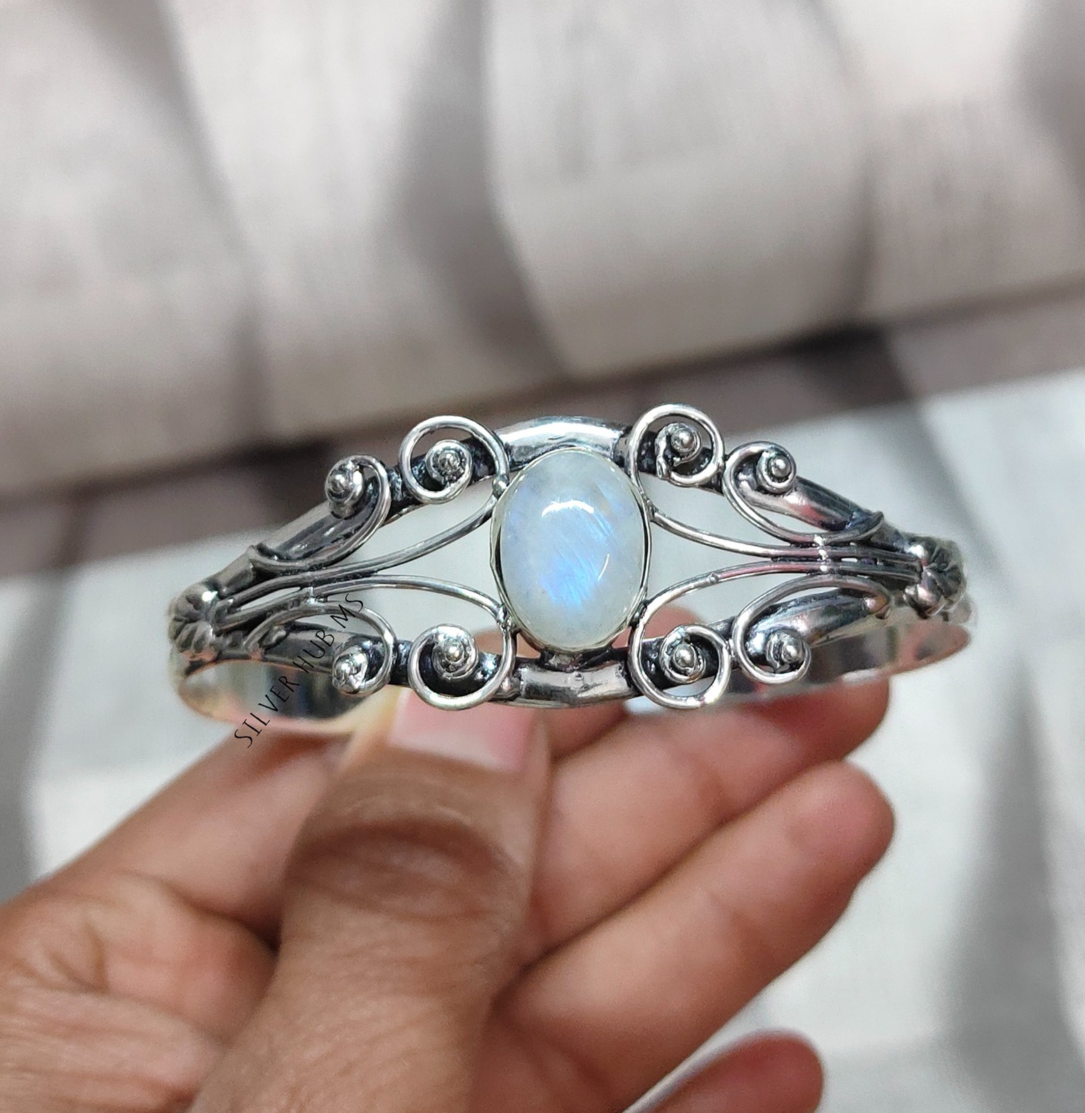 925 Sterling Silver Handmade Natural Blue Fire Moonstone Designer Bangle Cuff