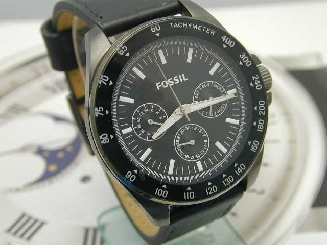 FOSSIL DATE TACHYMETER ENGRAVED BACK LARGE MENS WRIST WATCH 53 X 47 MM
