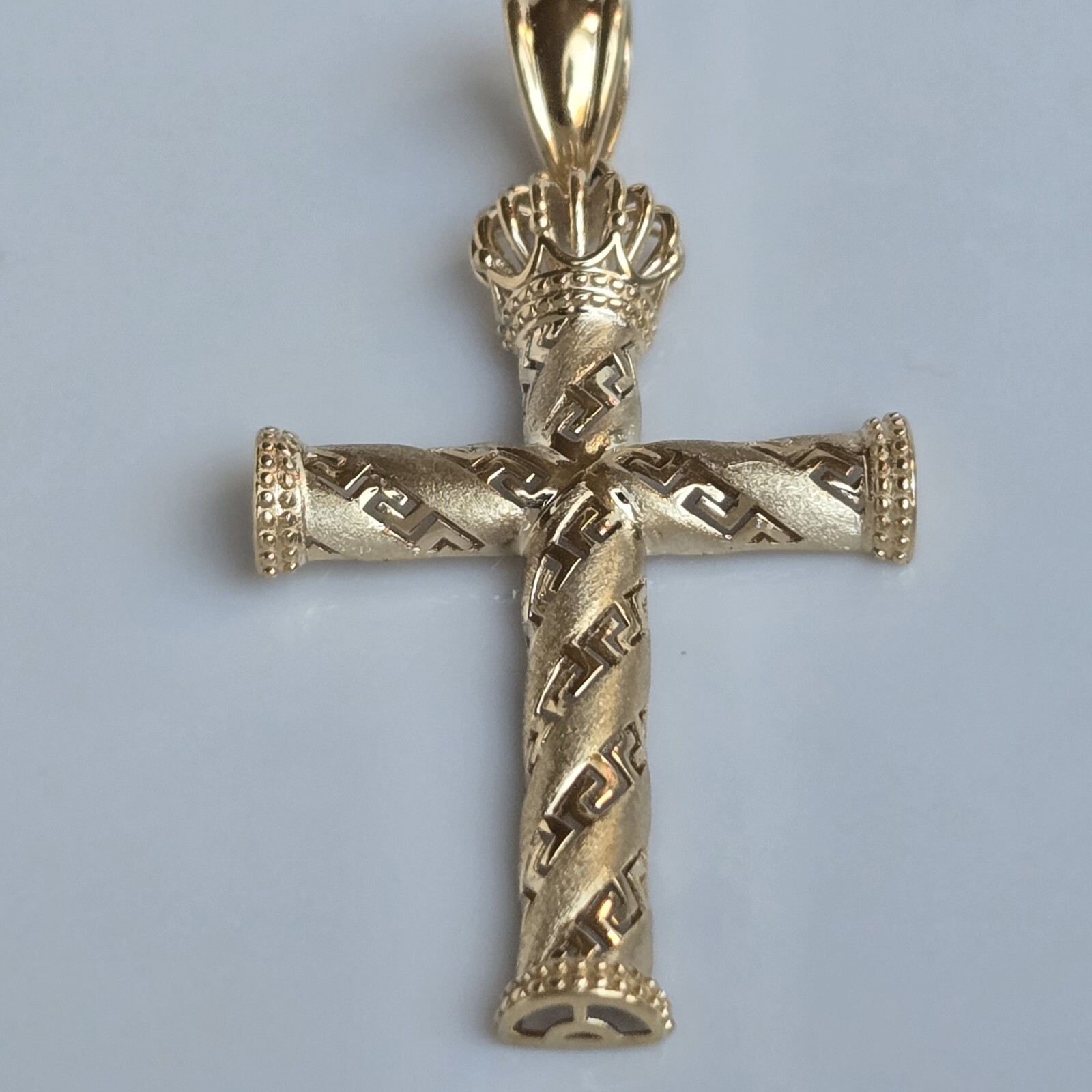 10k Gold Crown Cross Pendant Charm 1.95 inches long Medium Catholic Greek Key