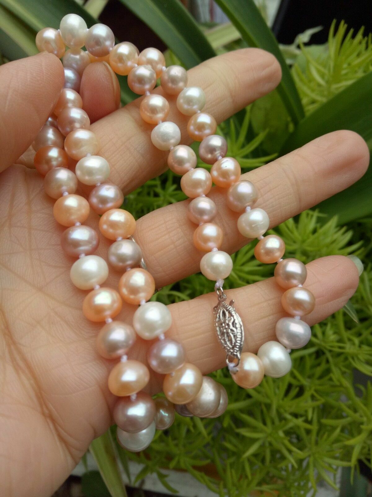 Natural Aaa 8-7mm South Sea White Pink Purple Multicolor Pearl Necklace 18″ 14k