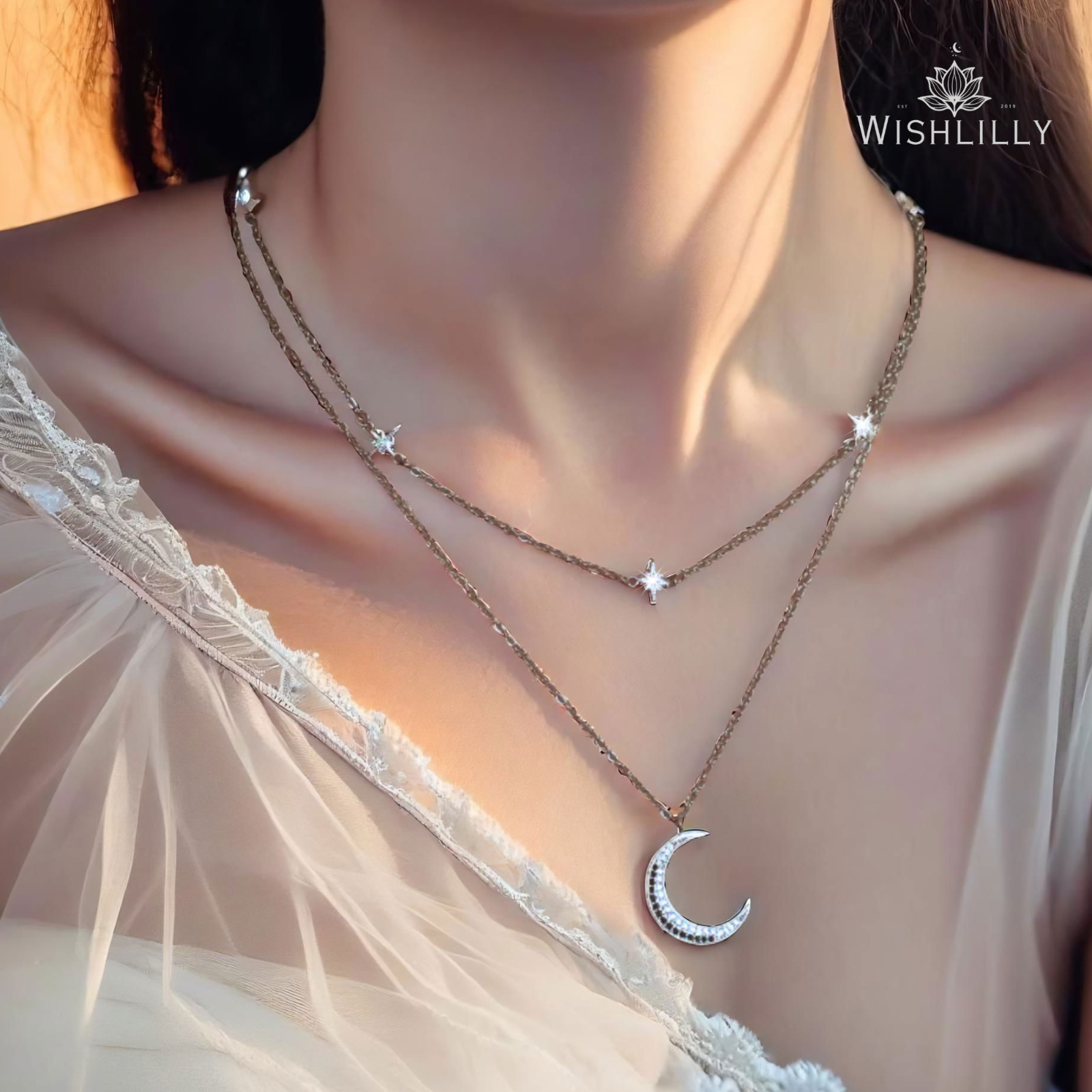 Silver Moon and Star Necklace Set by Wishlilly • Pave Celestial Crescent Moon •