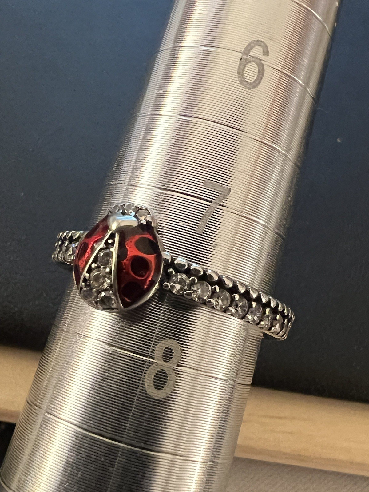 S925 Stamped Silver Enamel Ladybug 🐞 Cubic Zirconia Size 8