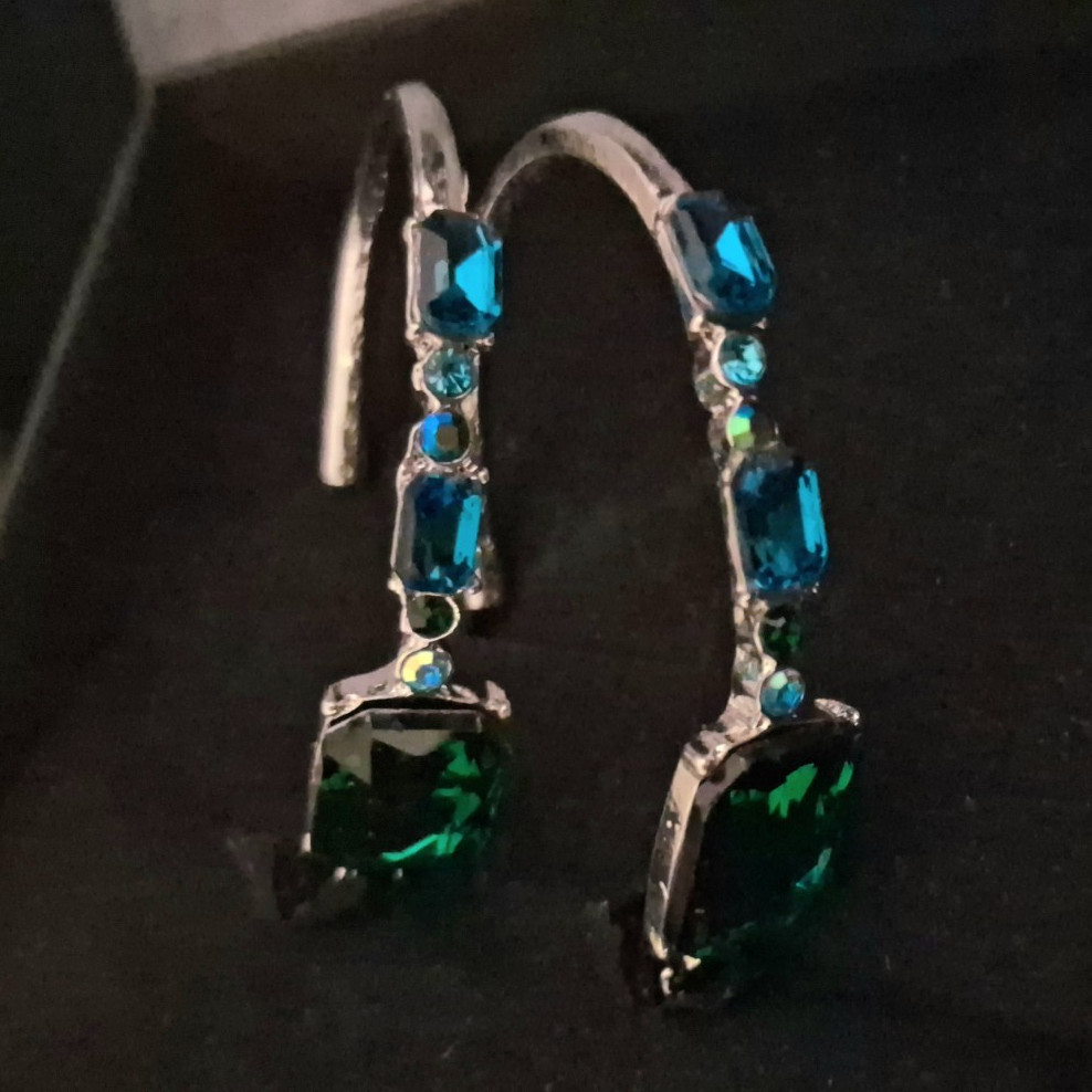 Silver Tone Leverback Dangle Earrings Blue & Green Round Crystal Prong Set