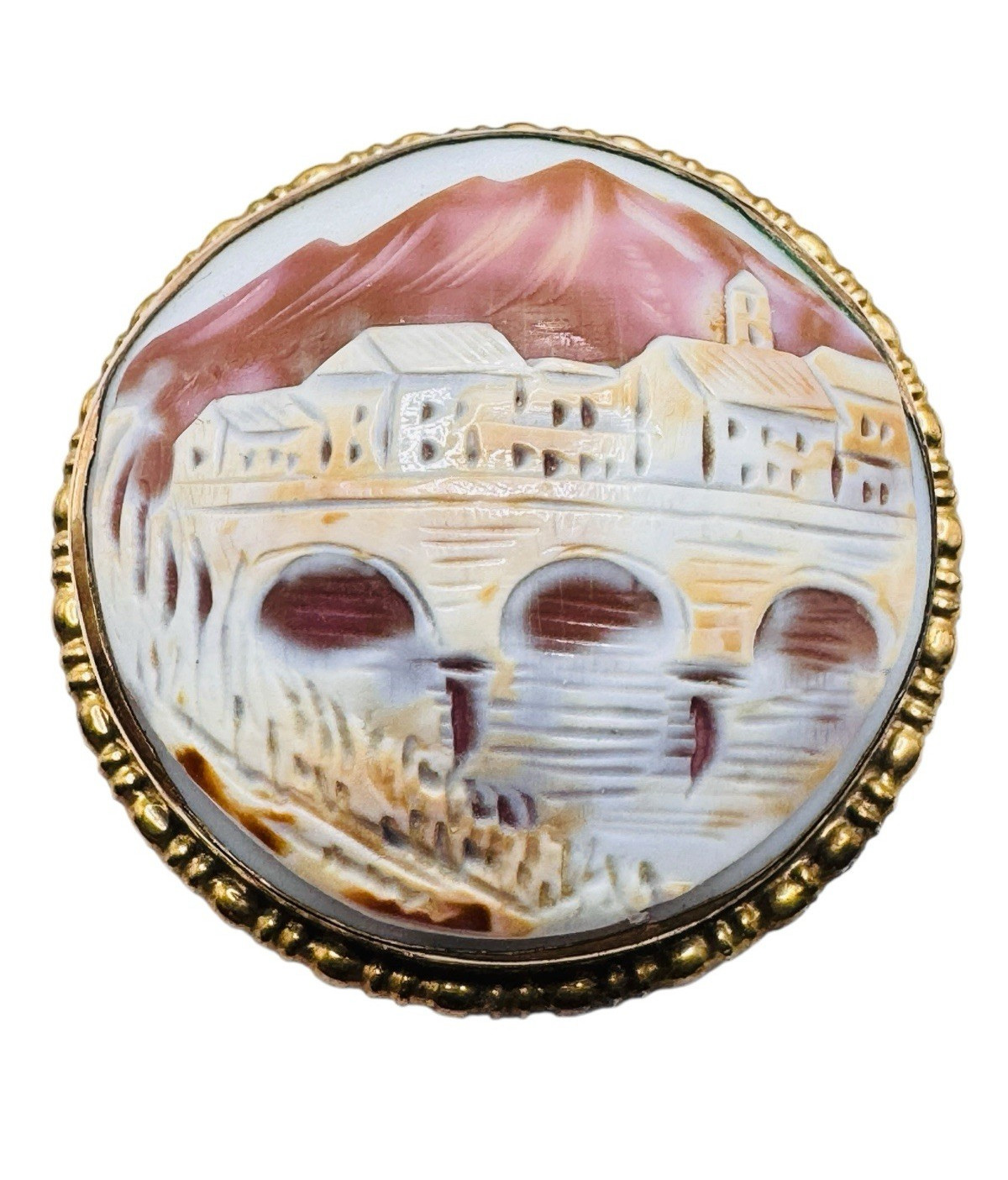 Vintage Gold Filled? Scenic Carved Shell Cameo Brooch Beautiful