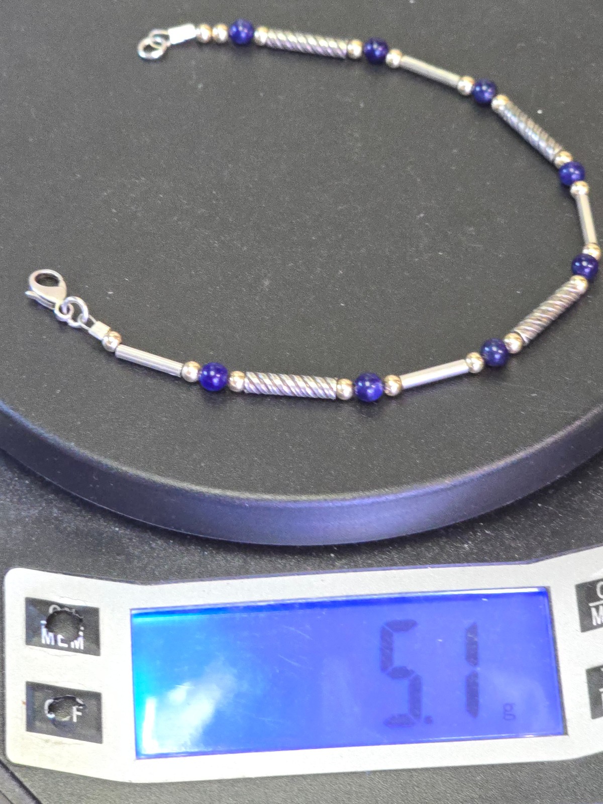 VINTAGE 4mm NATURAL LAPIS LAZULI BEADS 3mm 1OK GOLD BEADS and STERLING BRACELET