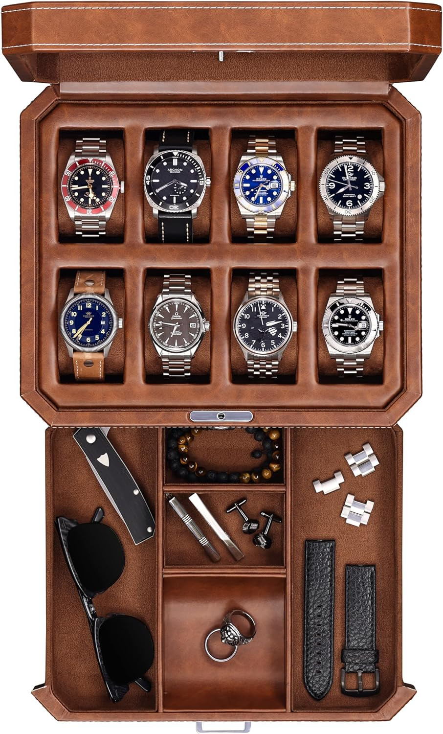 8 Slot Leather Watch Box with Valet Drawer – Luxury Watch Case Display Jewelry O