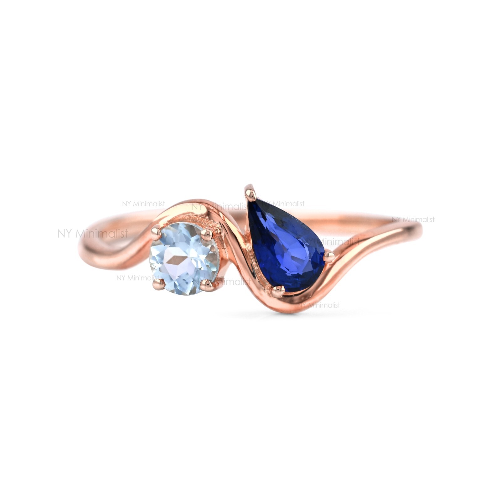 Natural Diffused Pear Blue Sapphire & Round Aquamarine 14K Gold Wave Band Ring