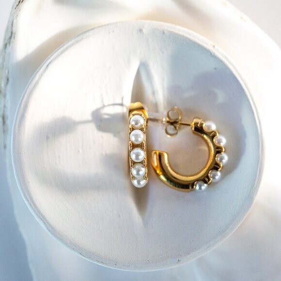 Pretty Pearl Huggies Lightweight Waterproof Pearl Hoop Earrings for Everyday Use