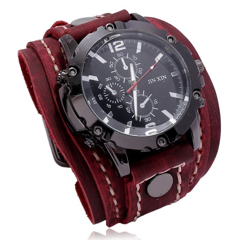 Wide Leather Watch Cuff Band Brown Wrist Black Strap Punk Retro Quartz Mens New