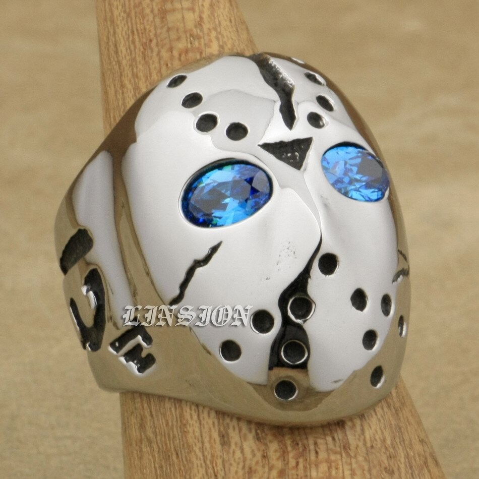 Stainless Steel Blue CZ Eyes Halloween JS Hockey Ring Punk Jewelry 3F101D