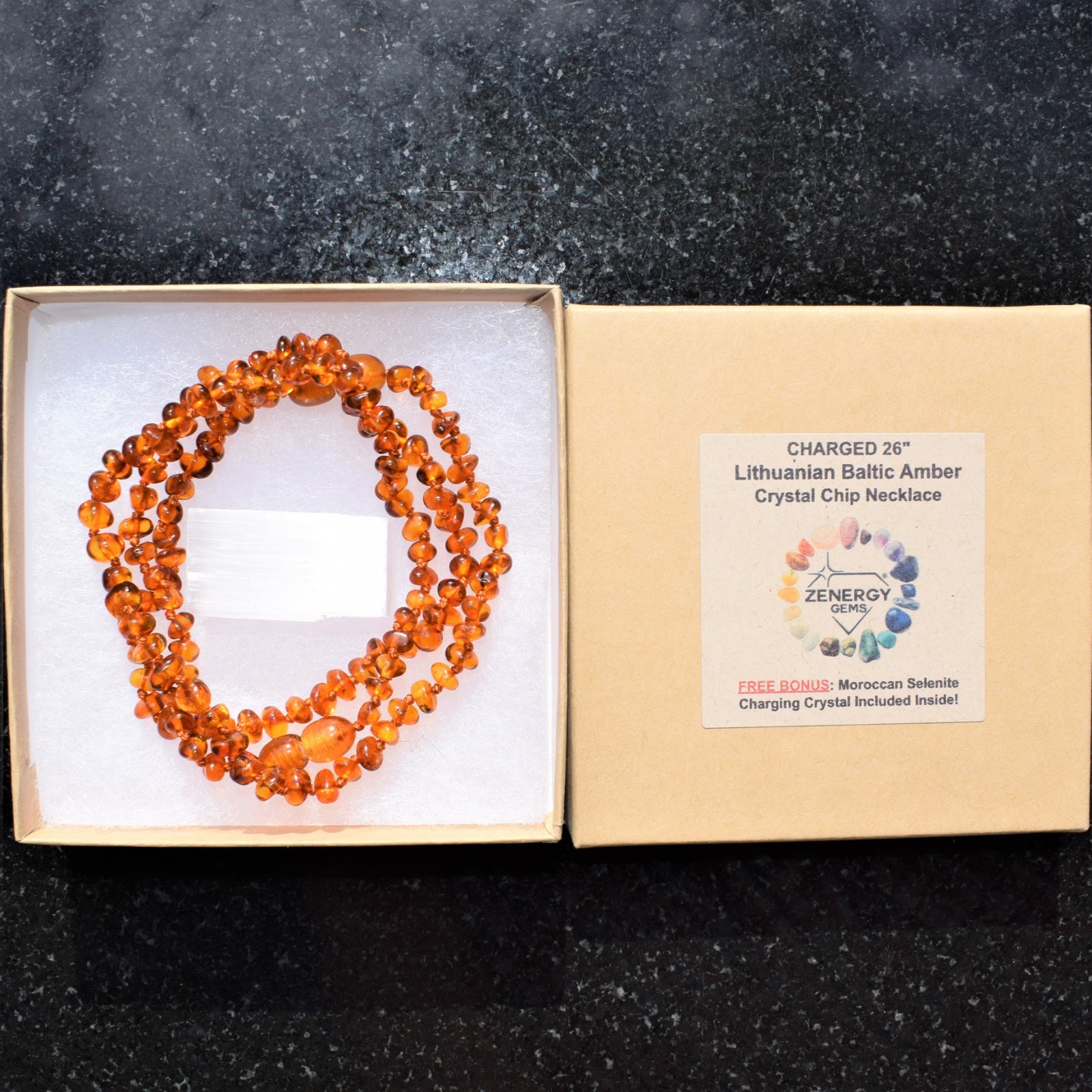 CHARGED Natural Lithuanian Cognac Baltic Amber 24″ Necklace + Selenite Charger