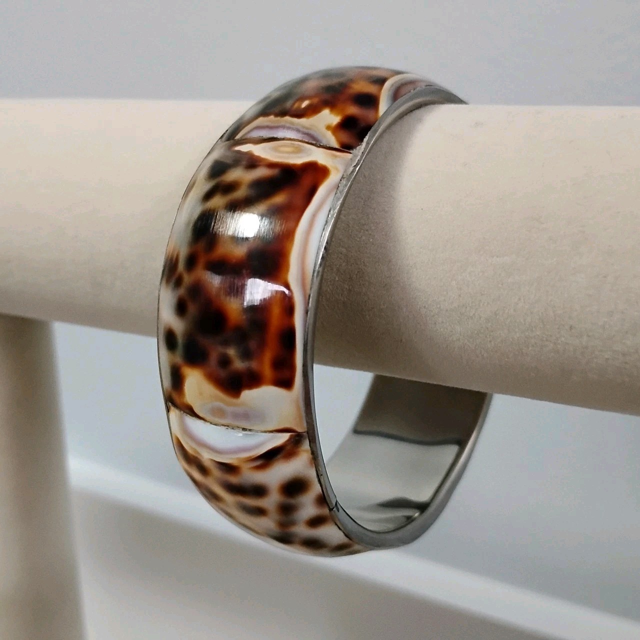 Vintage Metal Silvertone Shell Inlay Bracelet Sz 8 Brown Spot Bangle Philippines