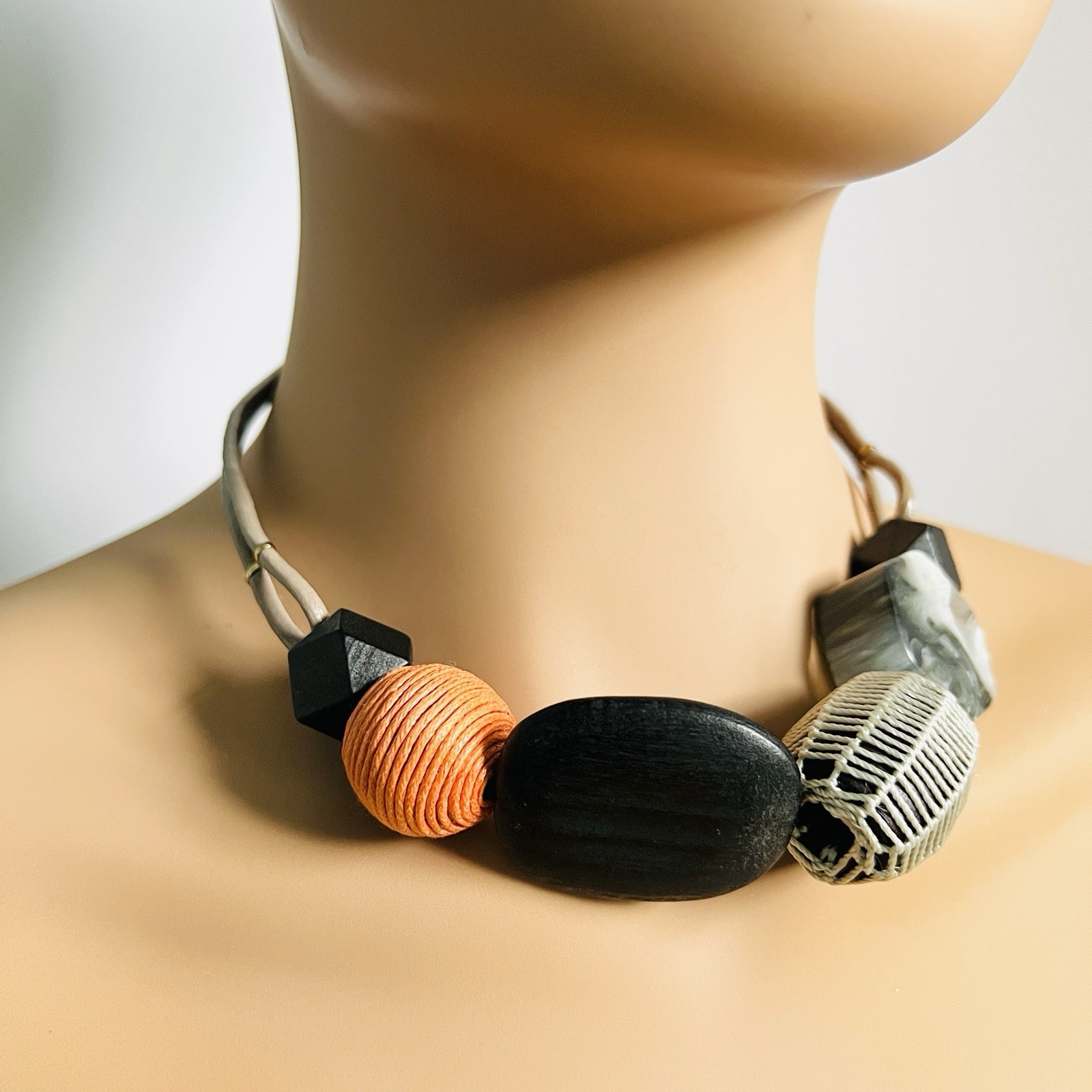 Fiery Orange & Black Chunky Beaded Necklace, Bold, Sculpted Statement Jewellery