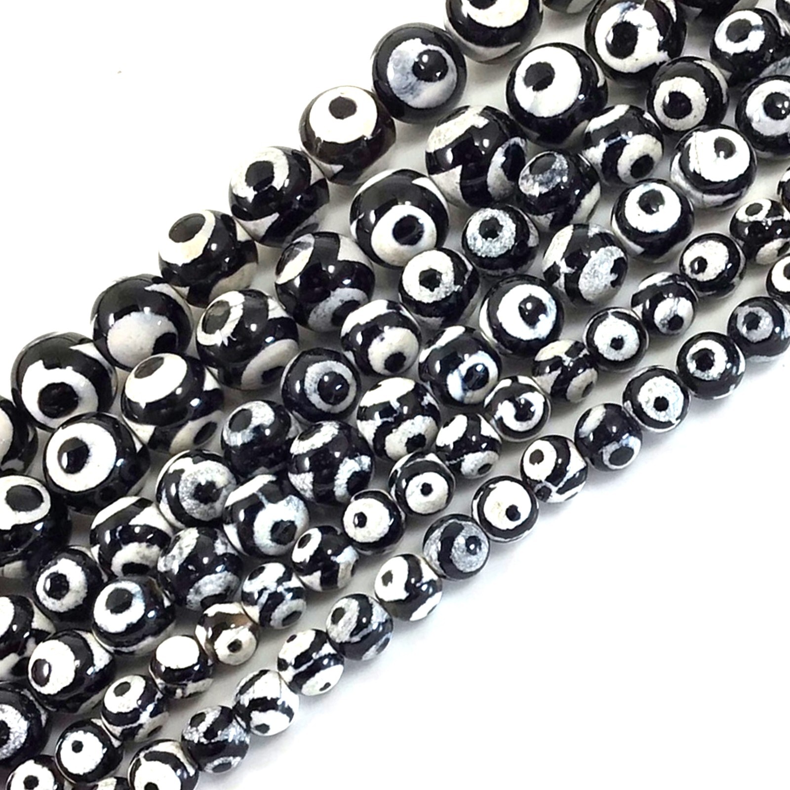Evil Eye Dzi Black White Tibetan DZI Agate Smooth Round Beads 15″ 6mm 8mm 10mm