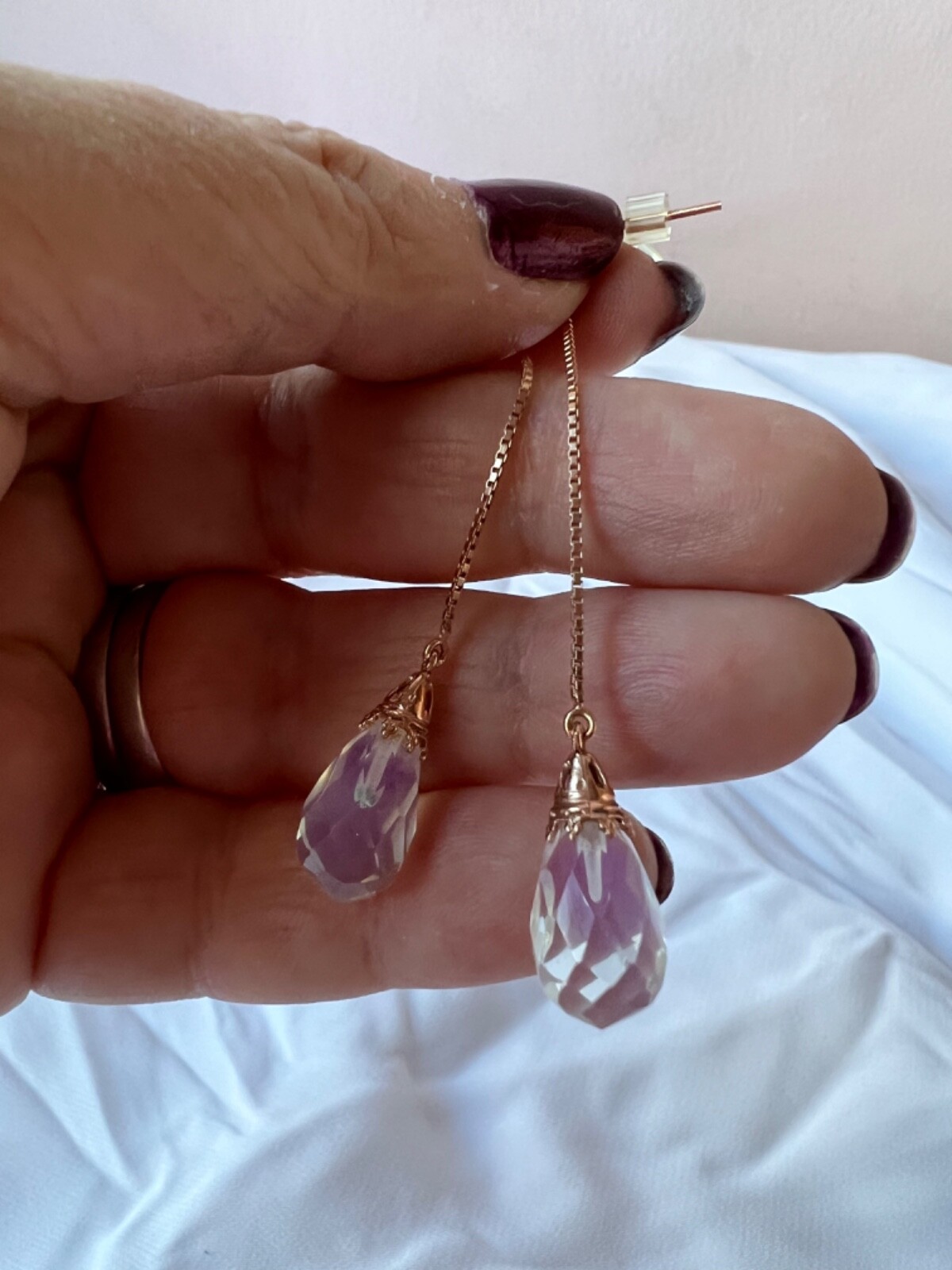 14K PINK ROSE GOLD MOONSTONE THREADER PULL THROUGH CHAIN DANGLE DROP EARRINGS