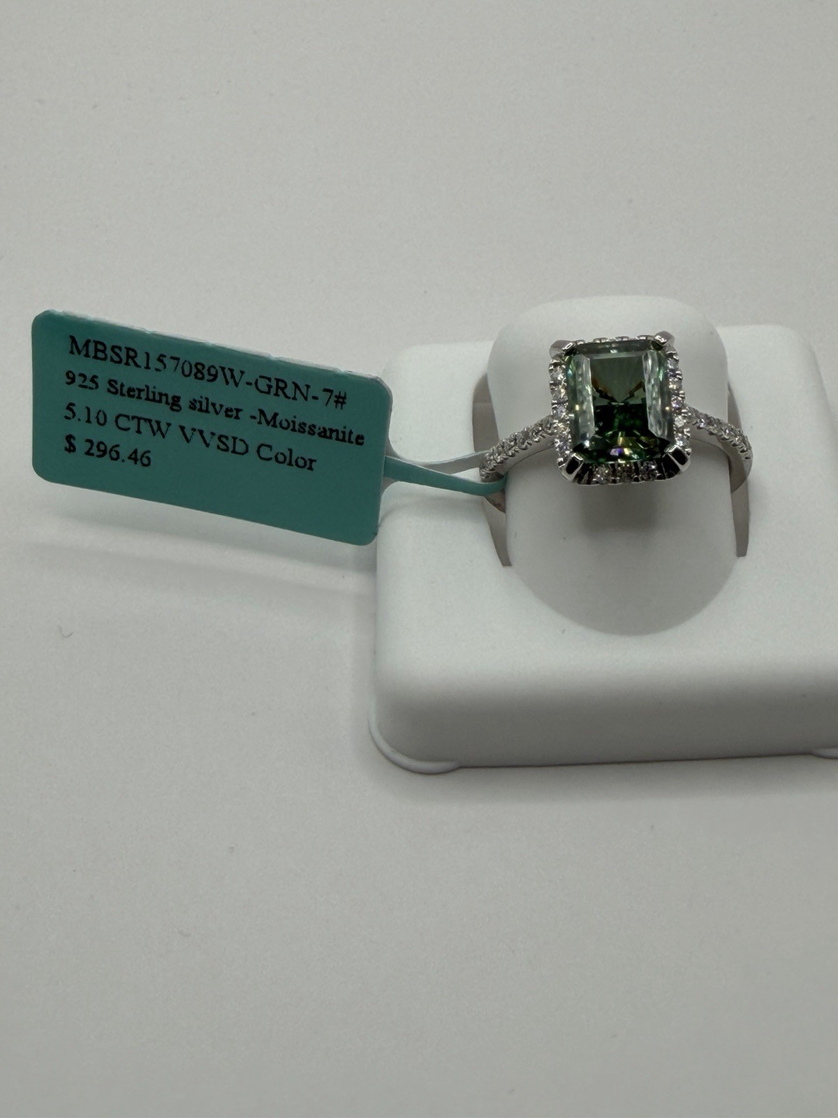 Stamped 925 Sterling Silver Moissanite Green Emerald Prong Halo Ring Size 7