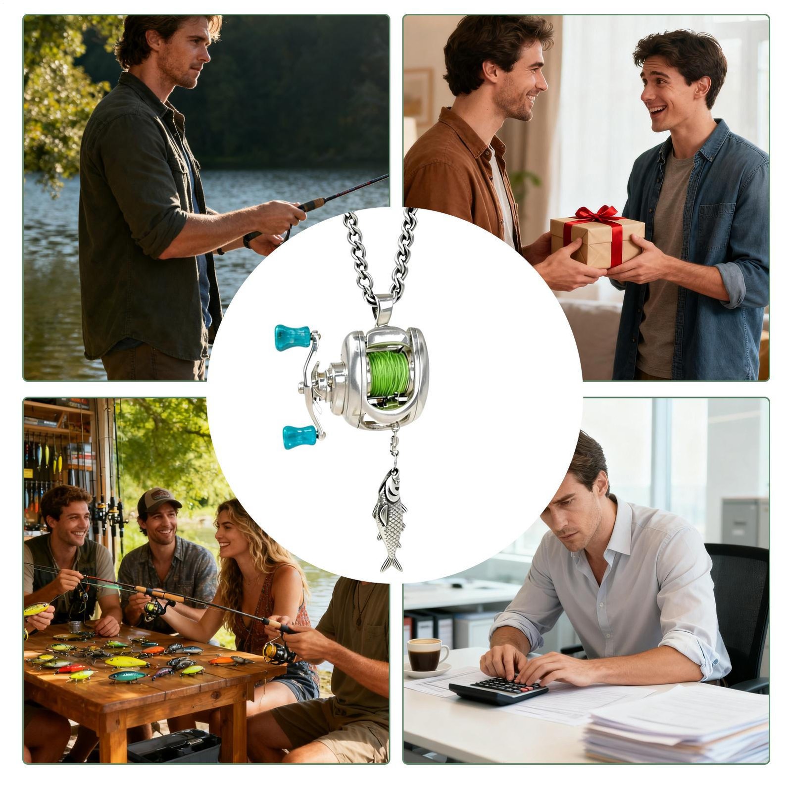 Fishing Reel Jewelry Set Realistic Sparkling Fishing Enthusiast Pendant Necklace