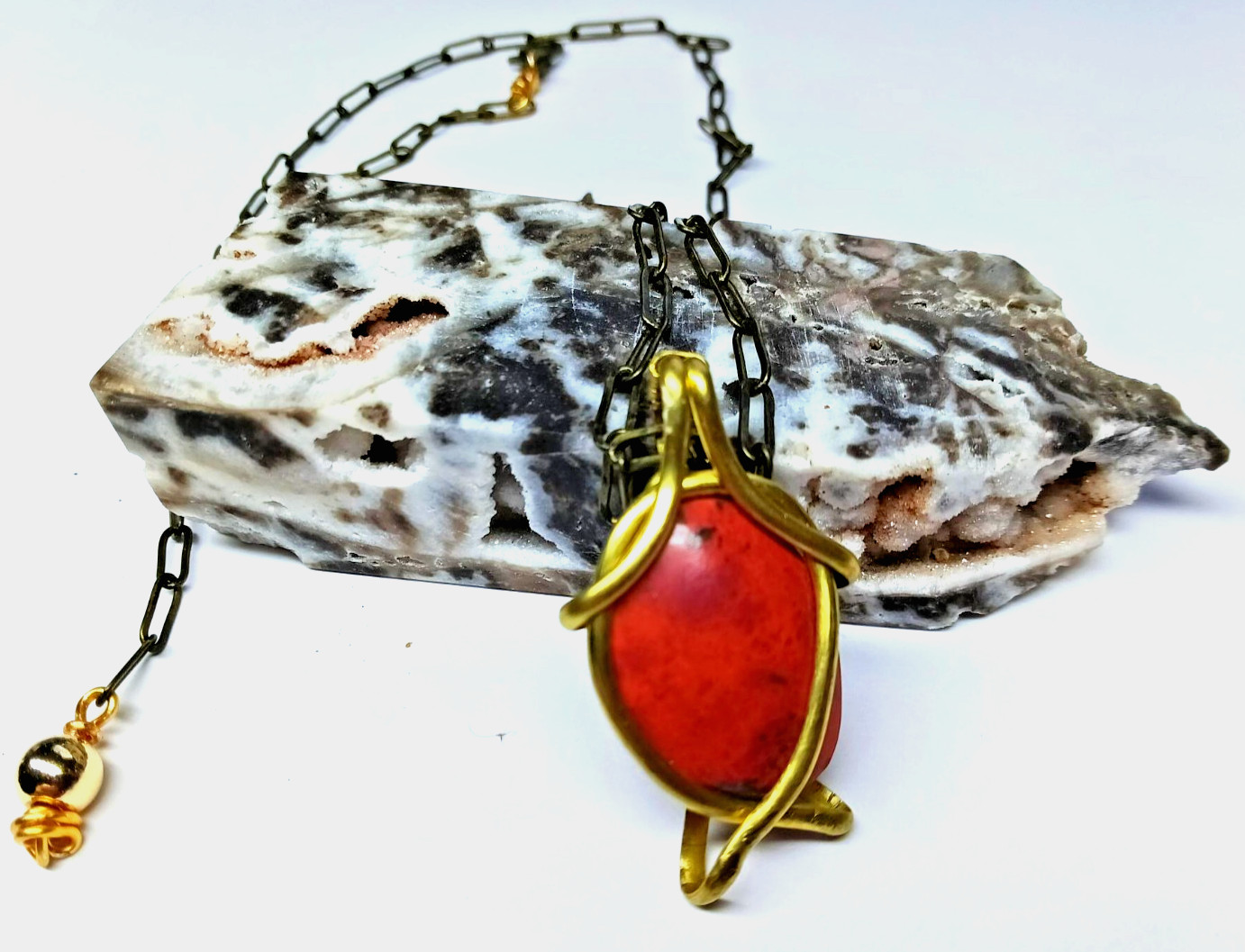 Red Sonora Sunrise Chrysocolla Brass WIre Wrapped Pendant Adjustable Chain 20″