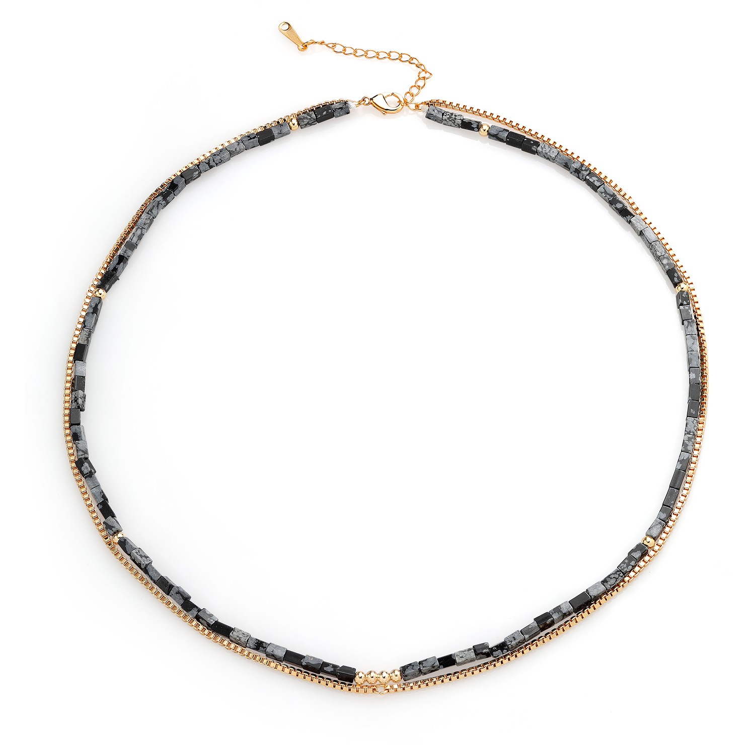 18K Yellow Gold Plated Double Black Gray Beaded Chain Layering Necklace For