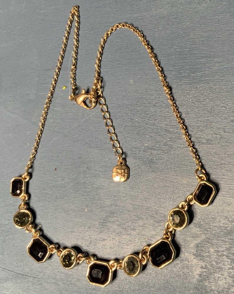 Gold Tone Black Olive Green Rhinestone Geometric Station Necklace Tag M Logo