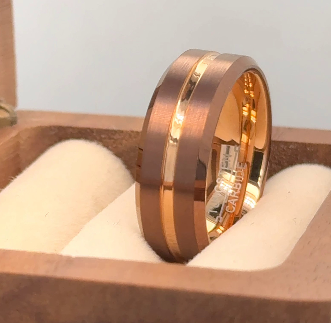 Brown & Rose Gold Tungsten Ring Husband Gifts Ring Groove Brushed Polished Band
