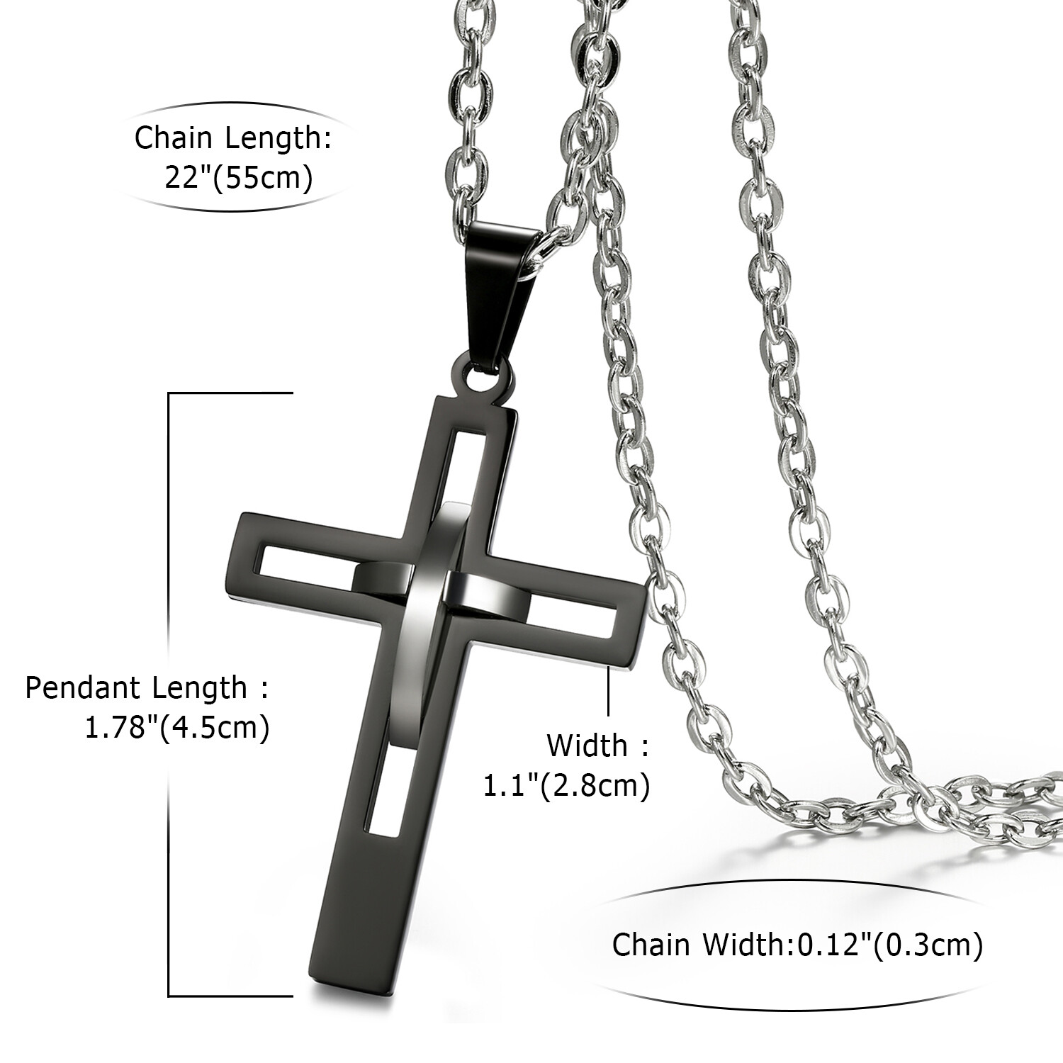 Men’s Black Silver Double Hollow Cross Stainless Steel Pendant Necklace Gift