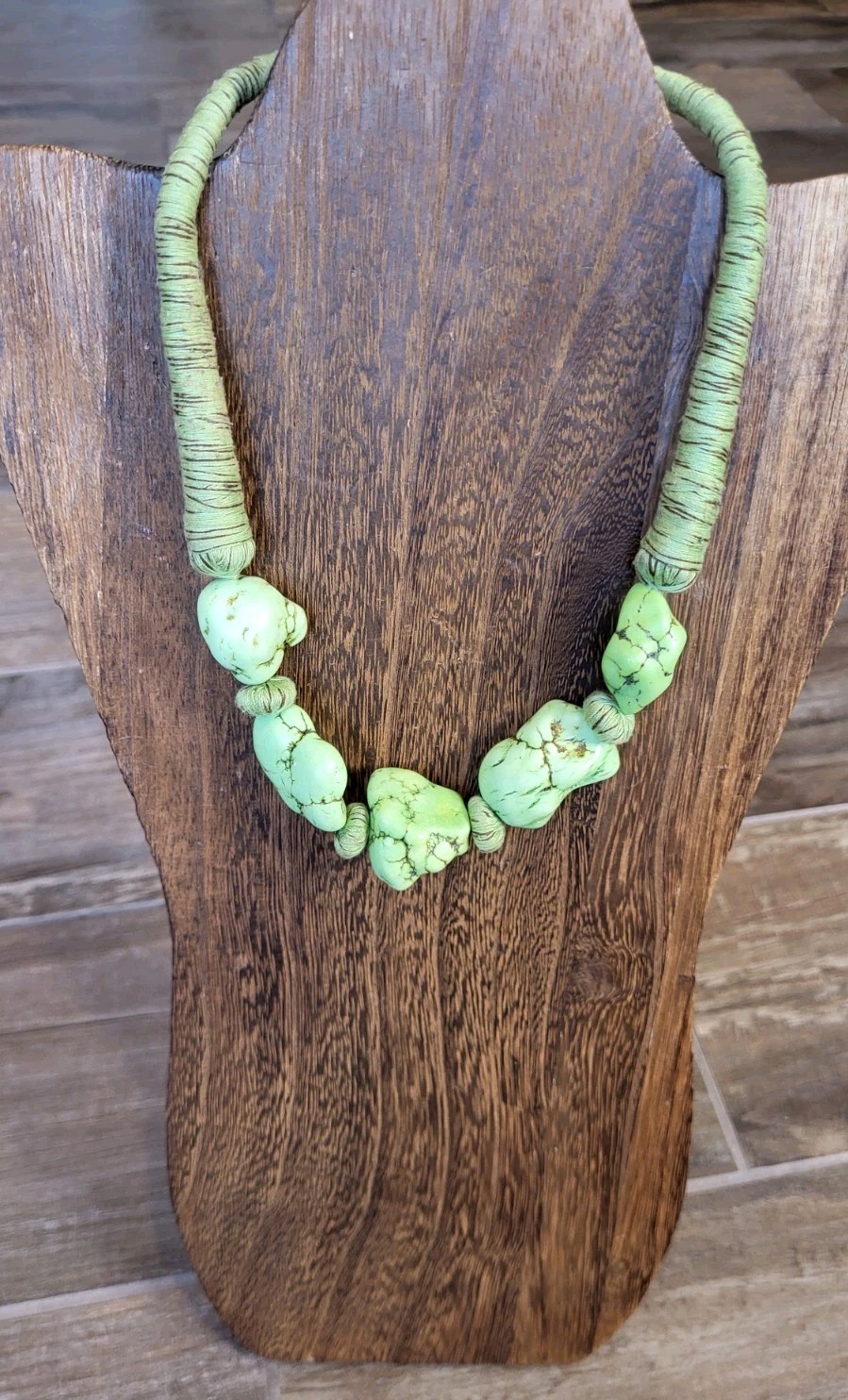 Vintage Green Gaspeite Nugget Yarn Wrapped Necklace Free Shipping