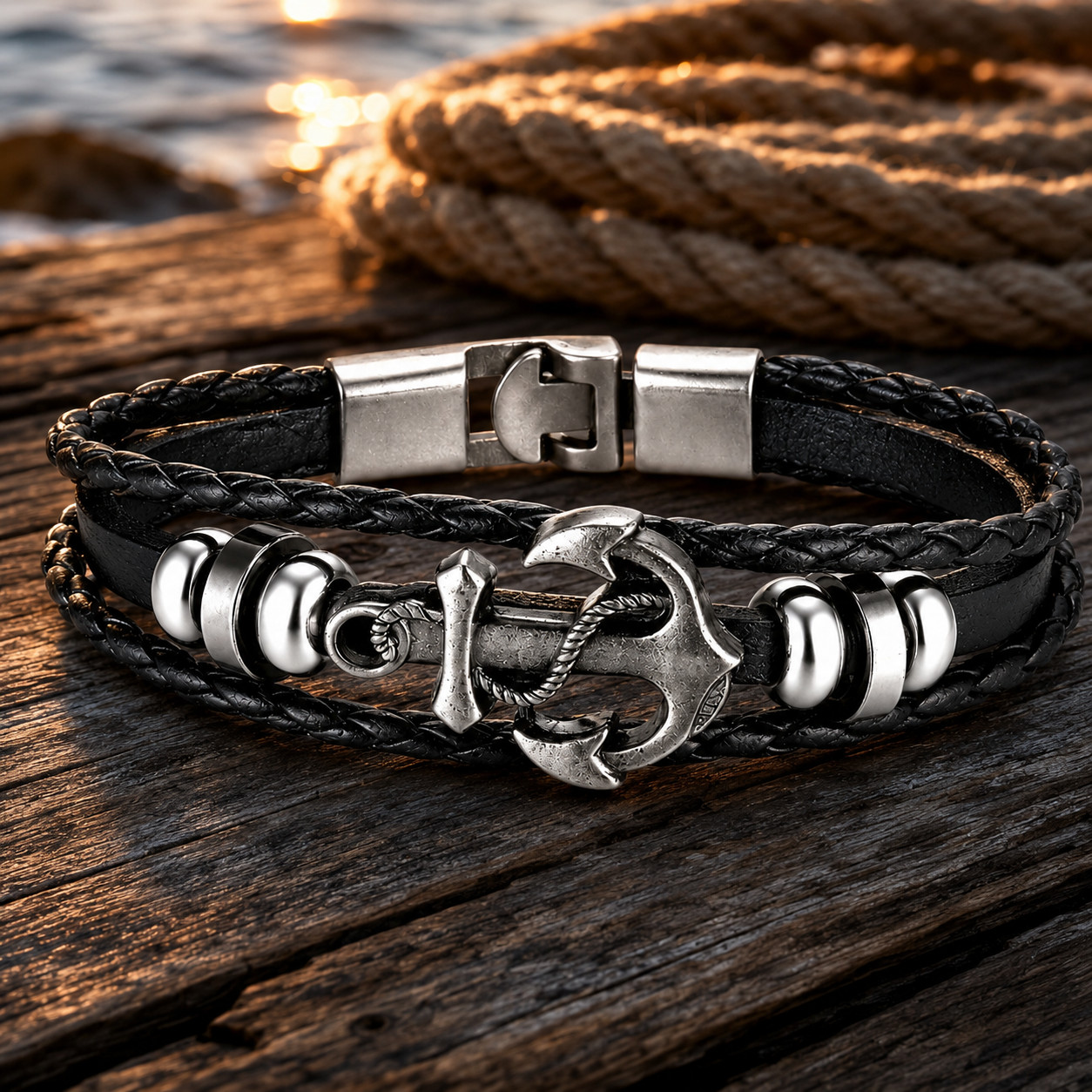 Men’s Black Layered Leather Bracelet Silver Anchor Nautical Vintage Style