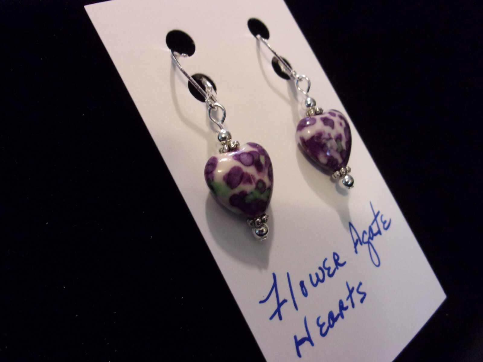925 Multi-Colored Flower Agate Hearts Leverback Earrings