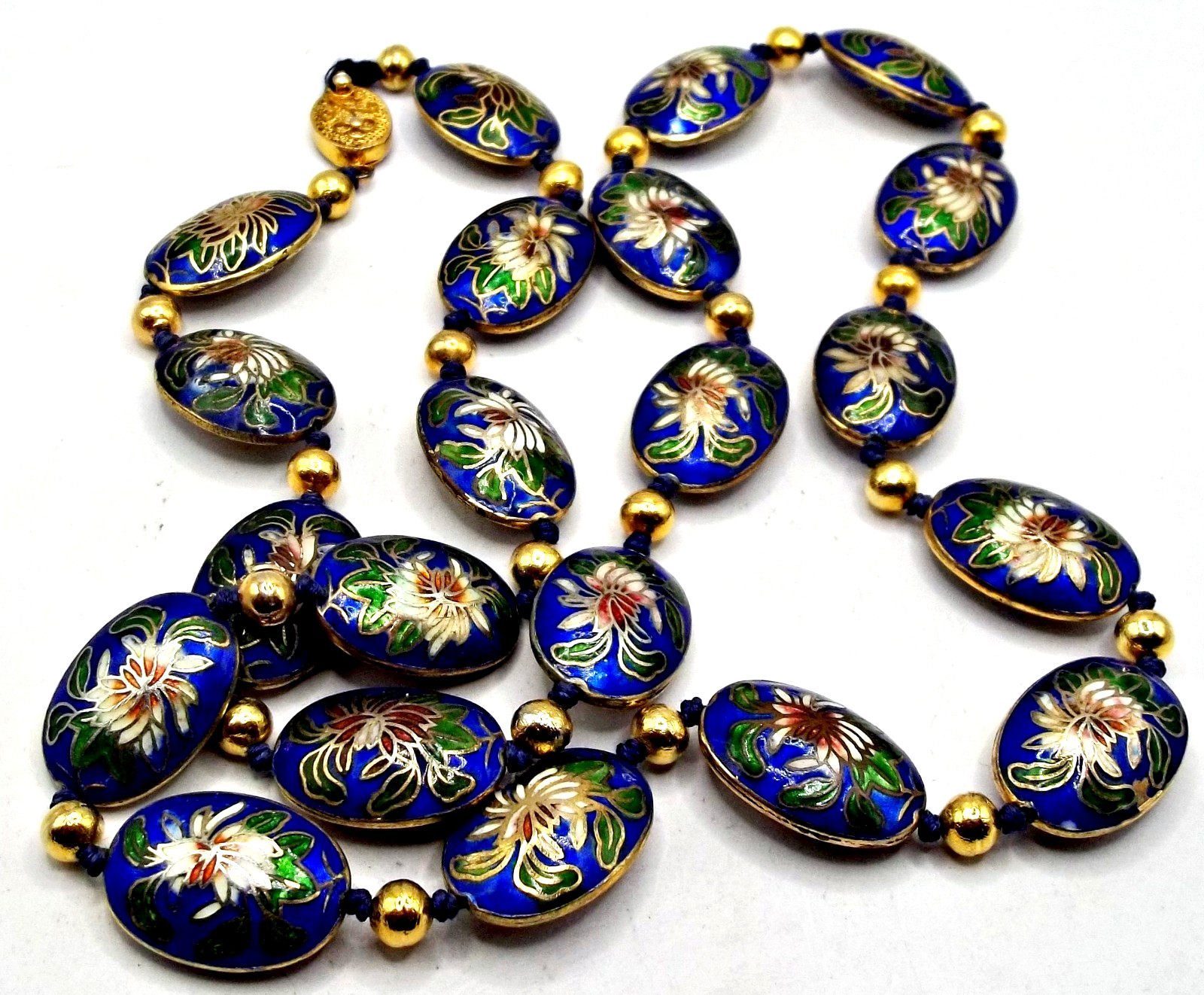 Vintage Chinese Export Blue Cloisonne Enamel Flat Oval Beads Beaded Necklace