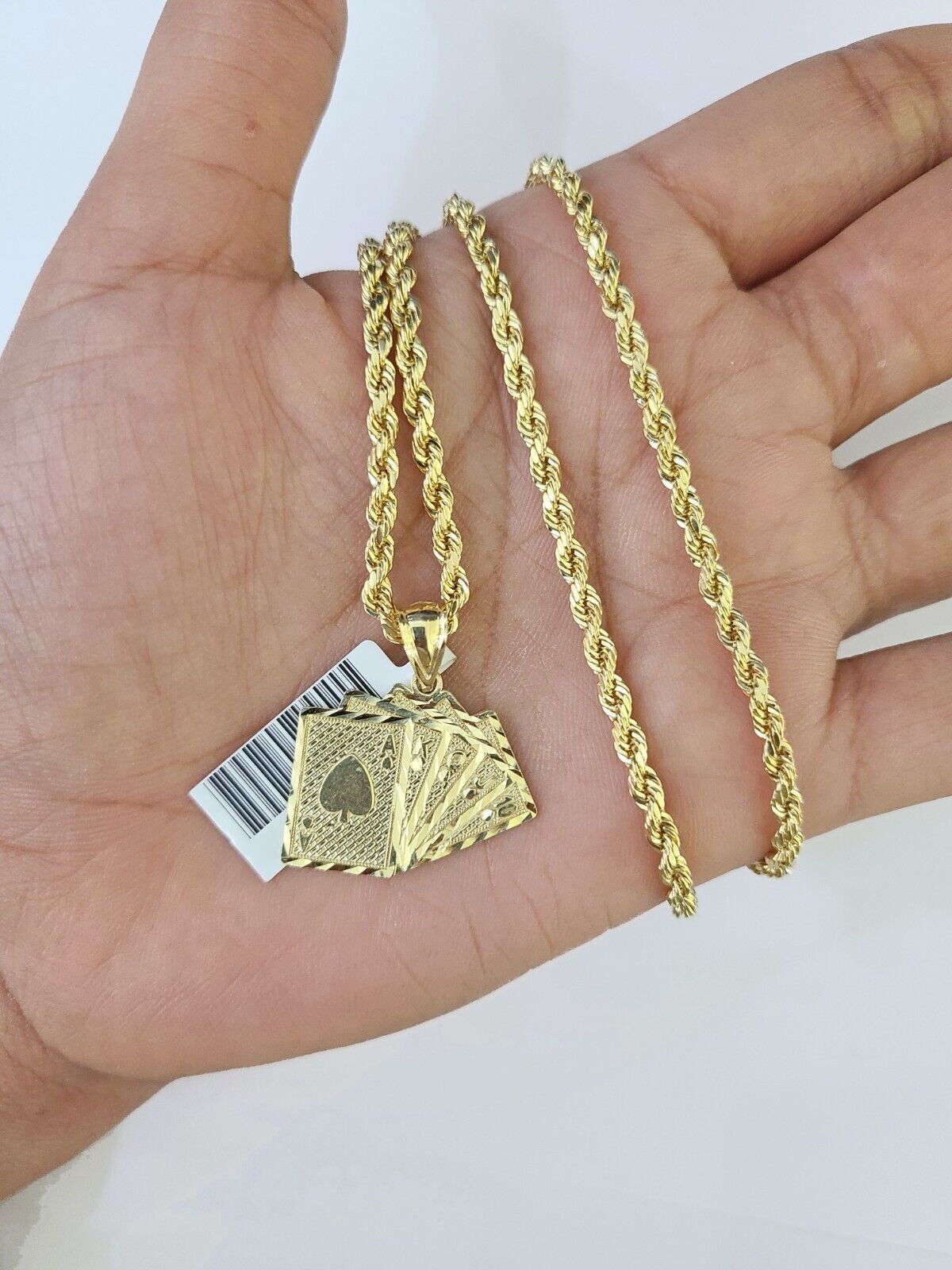 Real 10k 3mm Rope Chain Royal Flush Pendant 18″ 20″ 22″ 24″ 26″ Gold Set