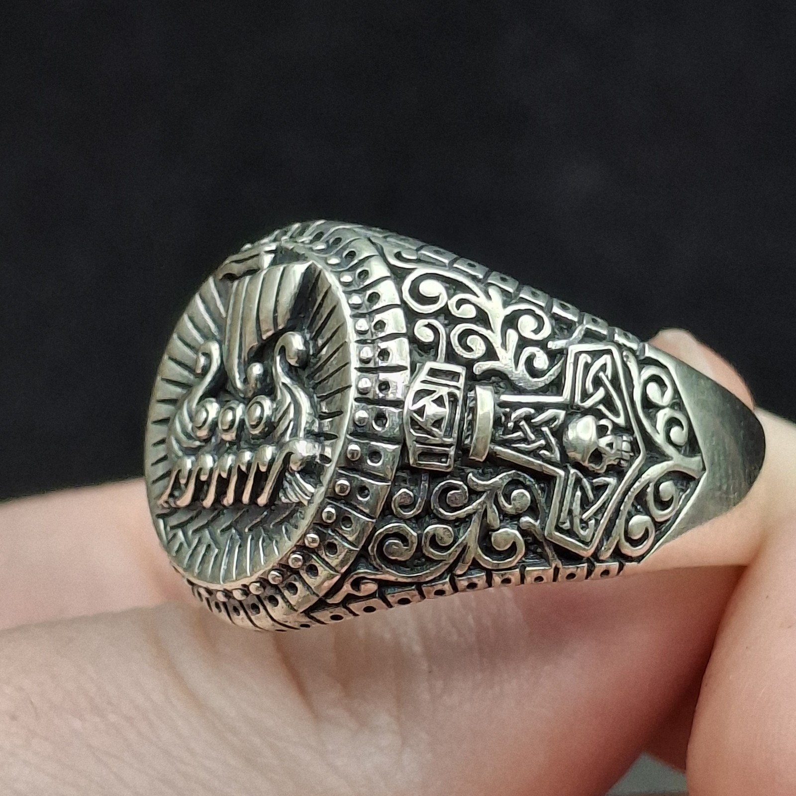Men’s 925 Sterling Silver Viking Ship Ring Norse Longship Oxidized Sz 12.5