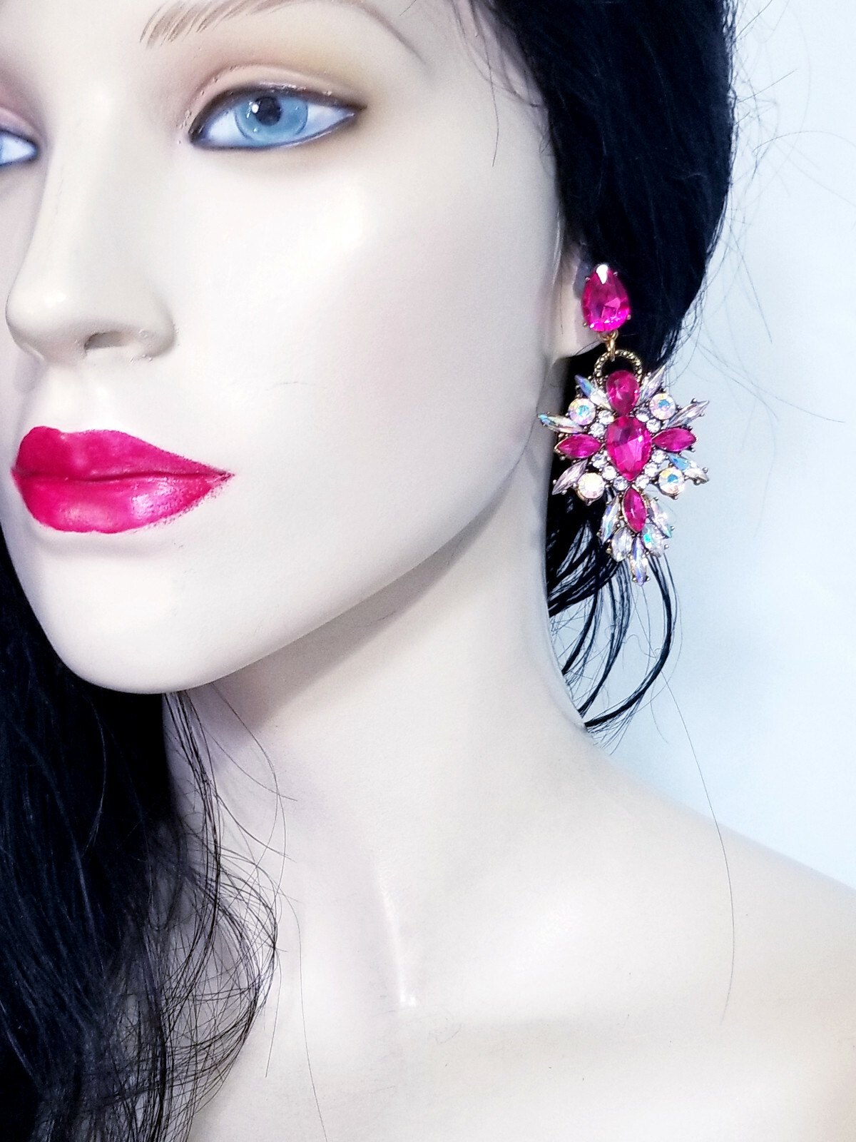 Chandelier Earrings Pink Rhinestone Crystal 2.8 in