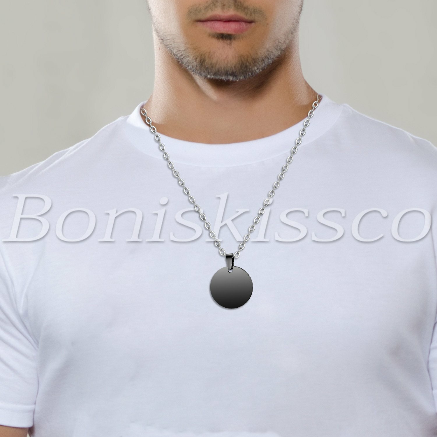 Free Engraving Women’s Men Polished Stainless Steel Round Pendant Necklace Chain