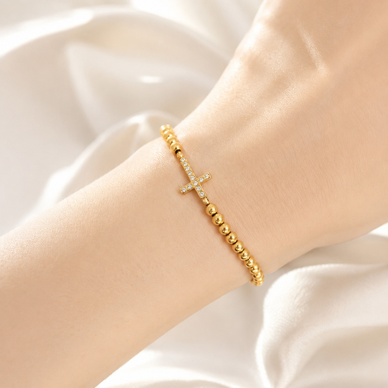 Cross Beaded Stretch Bracelet 18K Gold PVD Waterproof Faith Jewelry