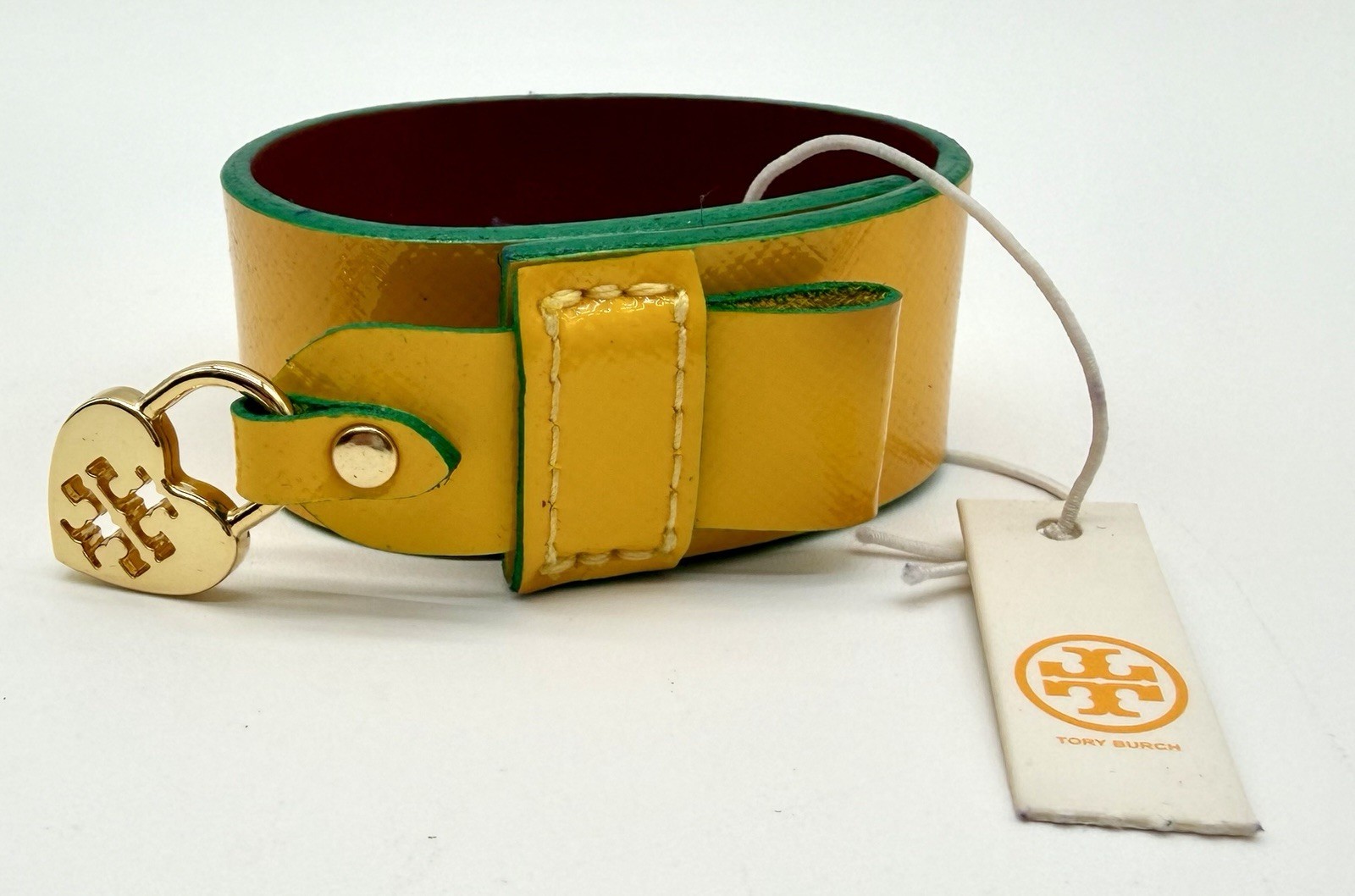 TORY BURCH Alden Cuff Patent leather Mustard Yellow Green Teal NWT