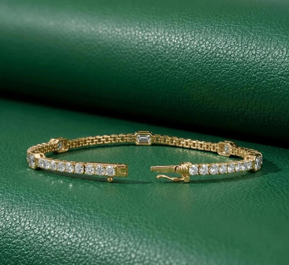 4Ct Emerald Cut Lab Created Diamond Women Tennis Bracelet 14K Yellow Gold Plated