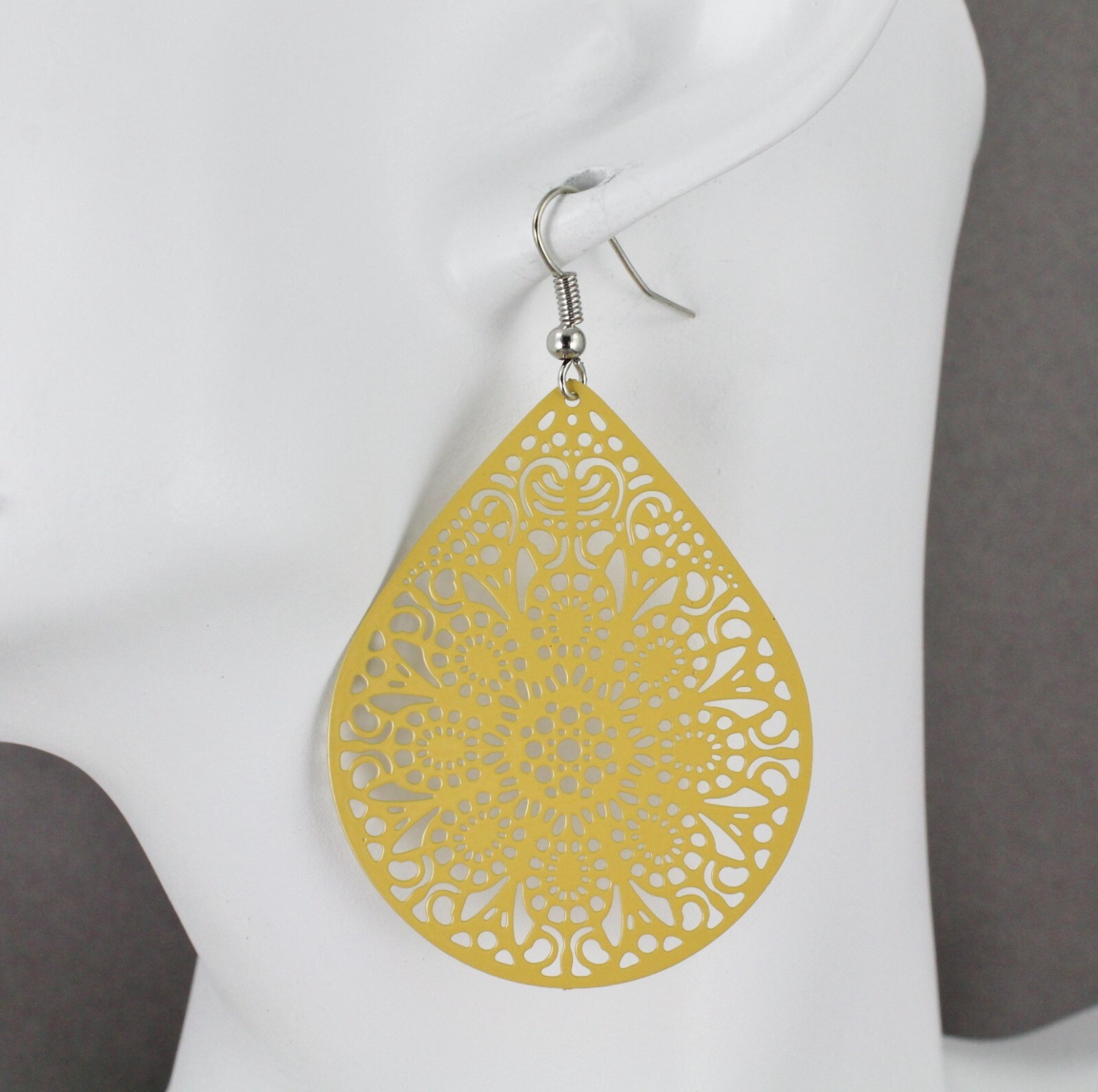 mustard yellow earrings teardrop dangle VERY lightweight oval filigree 2.5″ long