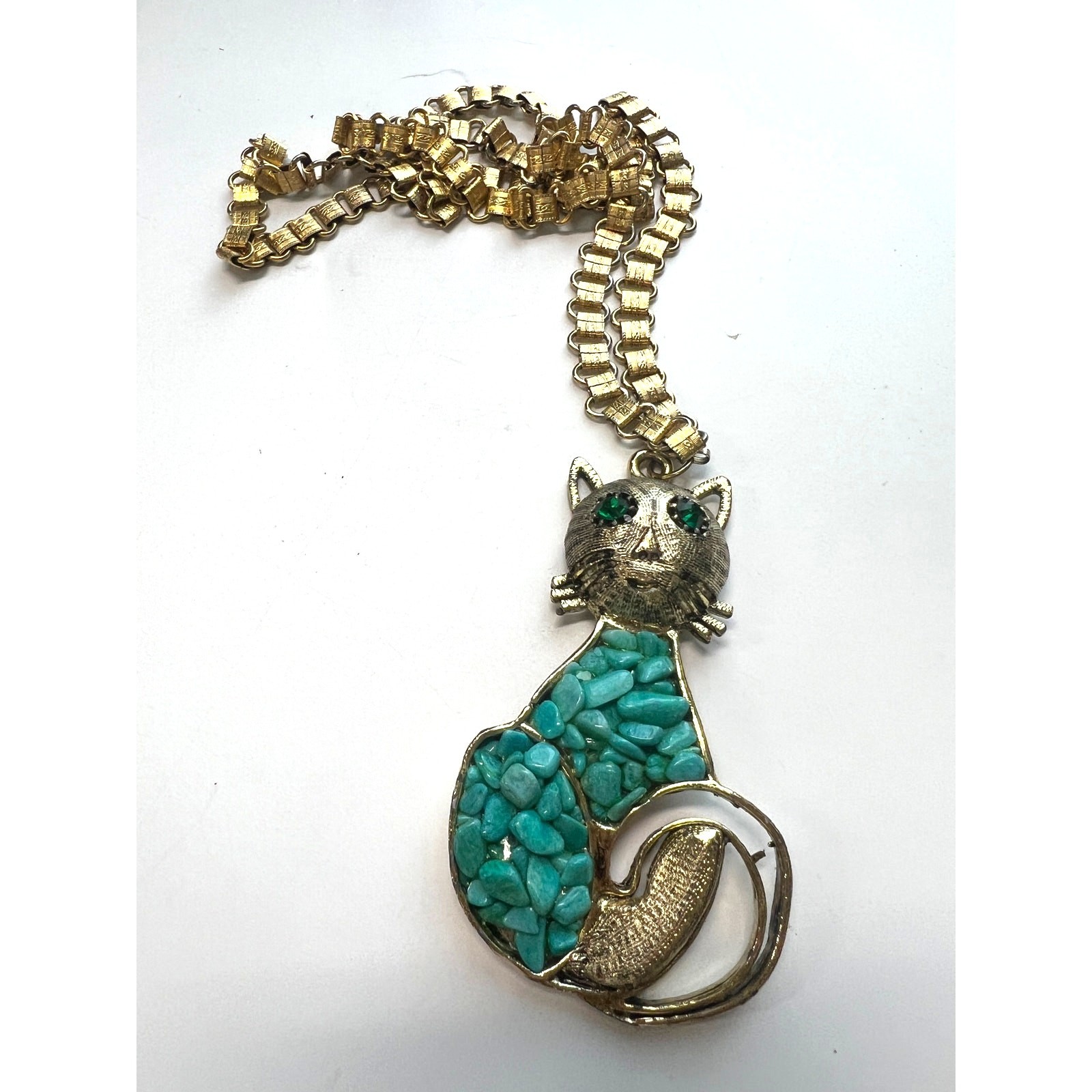 MCM 60’s vintage goldtone cat pendant necklace turquoise body statement 16″
