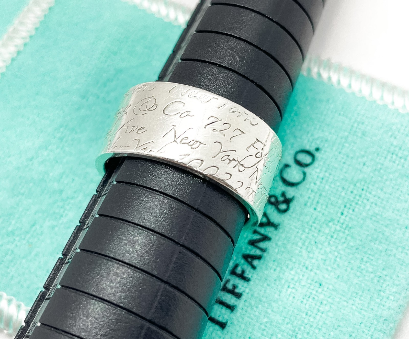 Tiffany & Co. Notes Script Fifth Avenue New York Wide Band Ring Silver Size 8.75