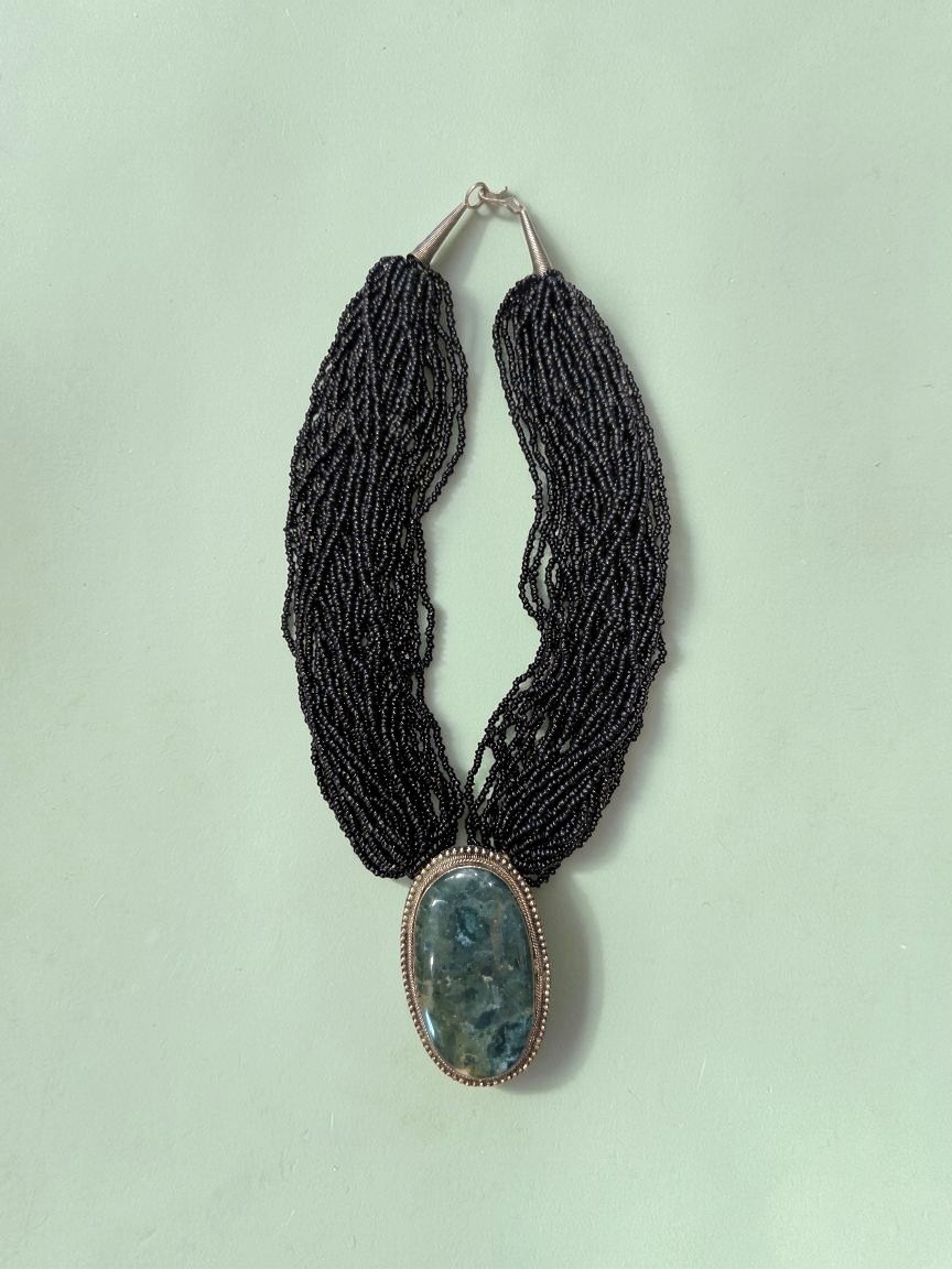 Vintage Moss Agate Pendant Necklace, Multi Strand Black Bead Bohemian Necklace