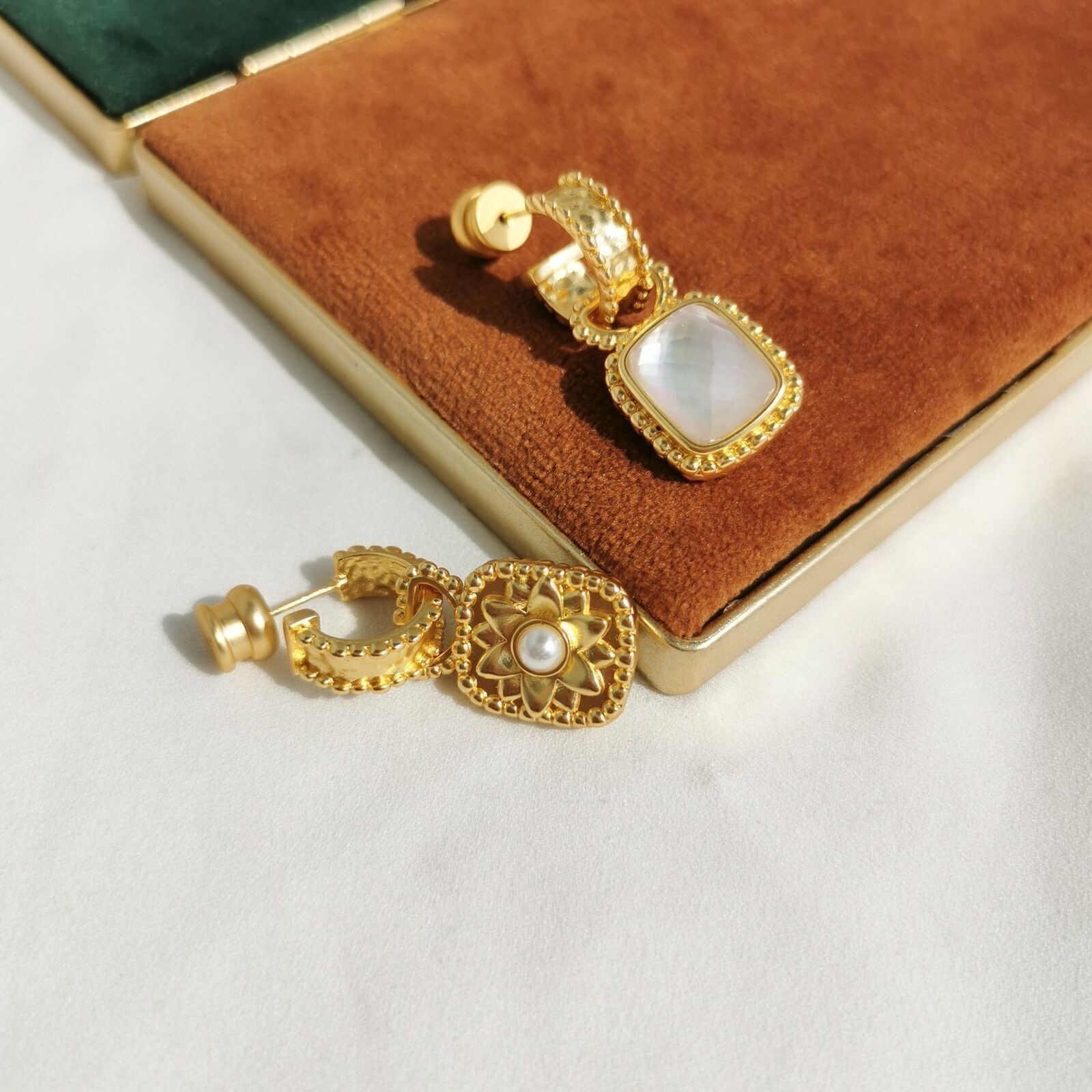 Julie Vos Elegance Gold Marbella Square Shell Freshwater Pearls Earings